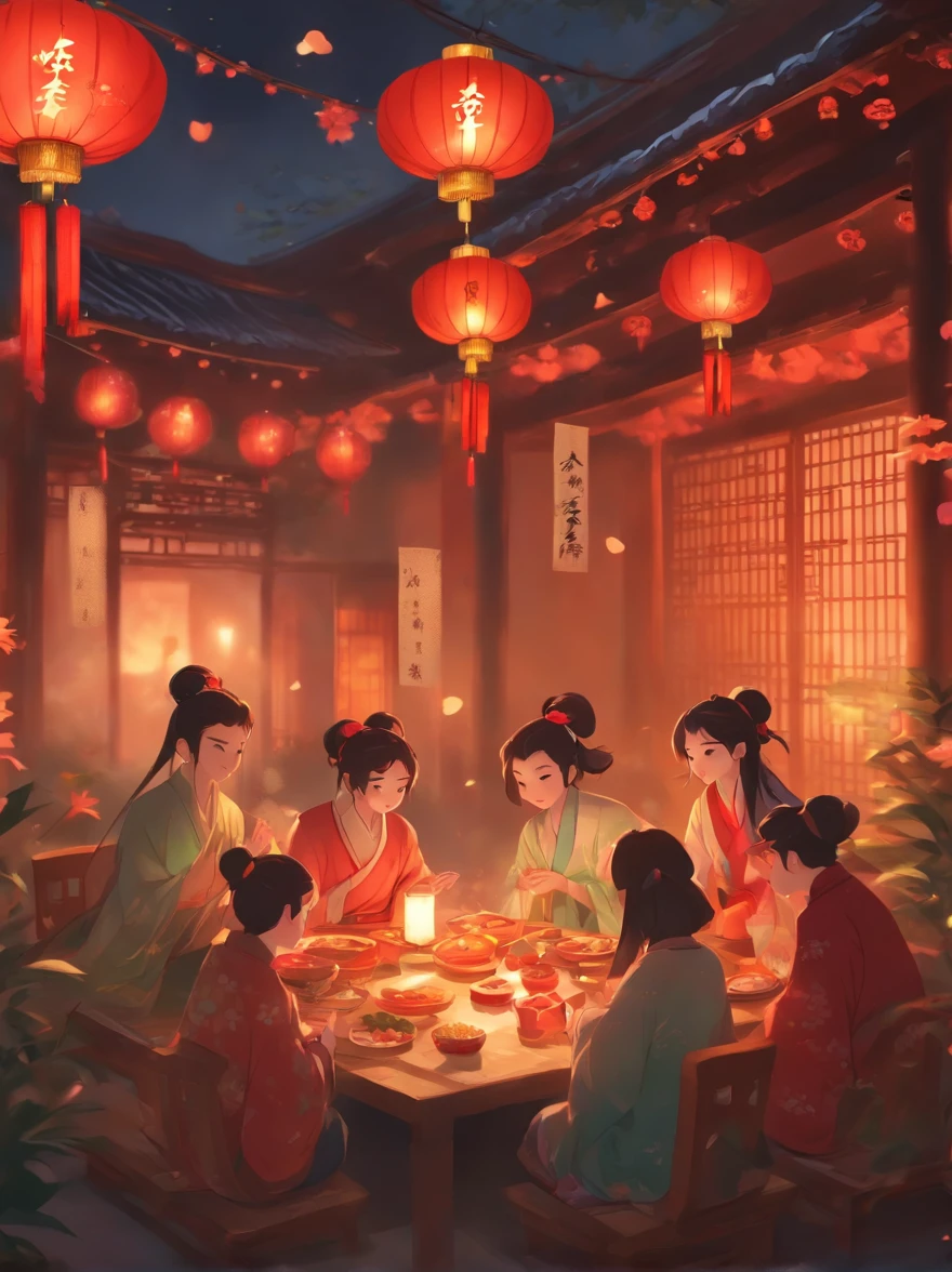 mid-autumn festival,The background is the full moon,The family sits together, Eating a reunion dinner, Sipping osmanthus wine,There are red lanterns hanging in front of the house,The table is filled with a variety of delicacies,Moon cake, Warm and nice atmosphere,The scene was cheerful, Family reunion,traditional Chinese festivals,Reunion Day,official aesthetics,The best of the kind,8k wallpaper,Movie lighting,