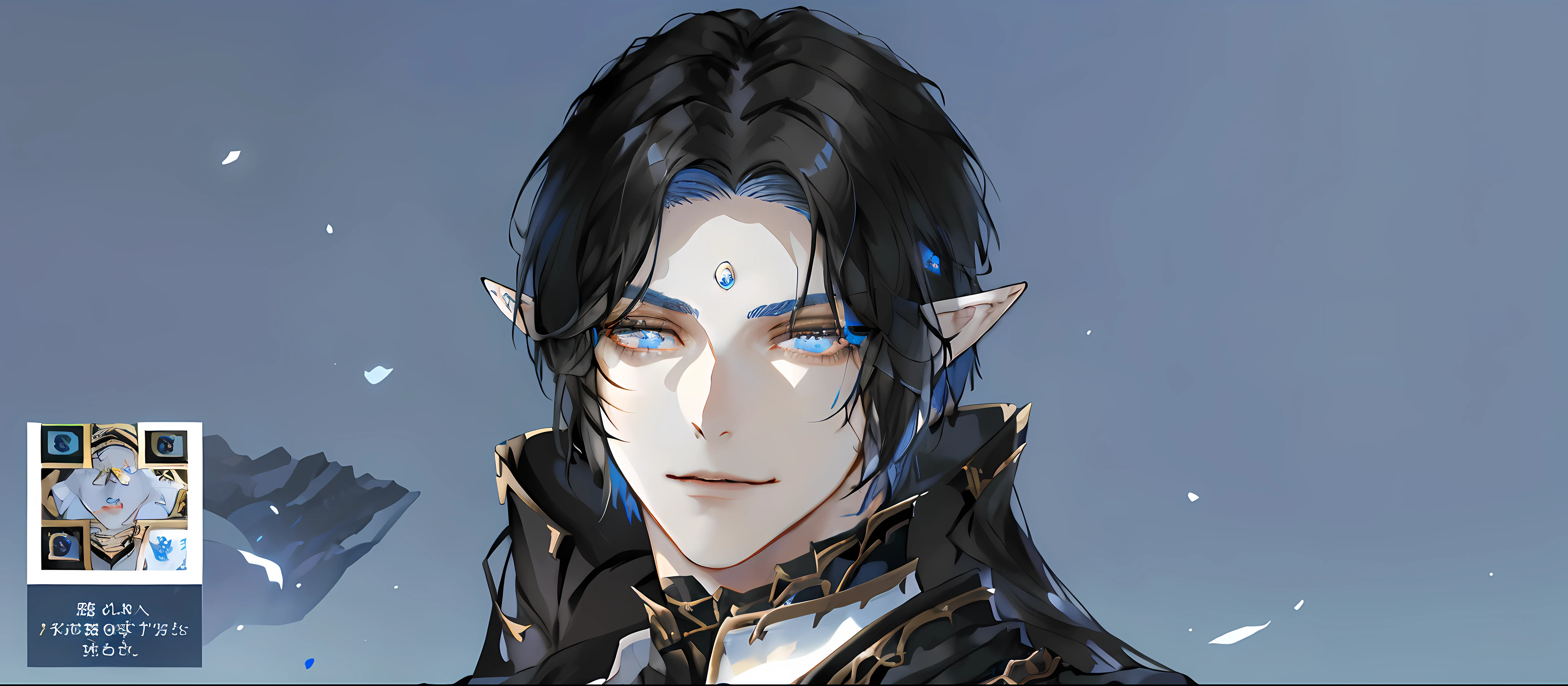 (((black colored clothes))), (((fantasy style))), (((fantasy style shirt))), (((silver details))), (((blue colored details))), (((flat chest))), (((male))), ((necklace with a white crystal))