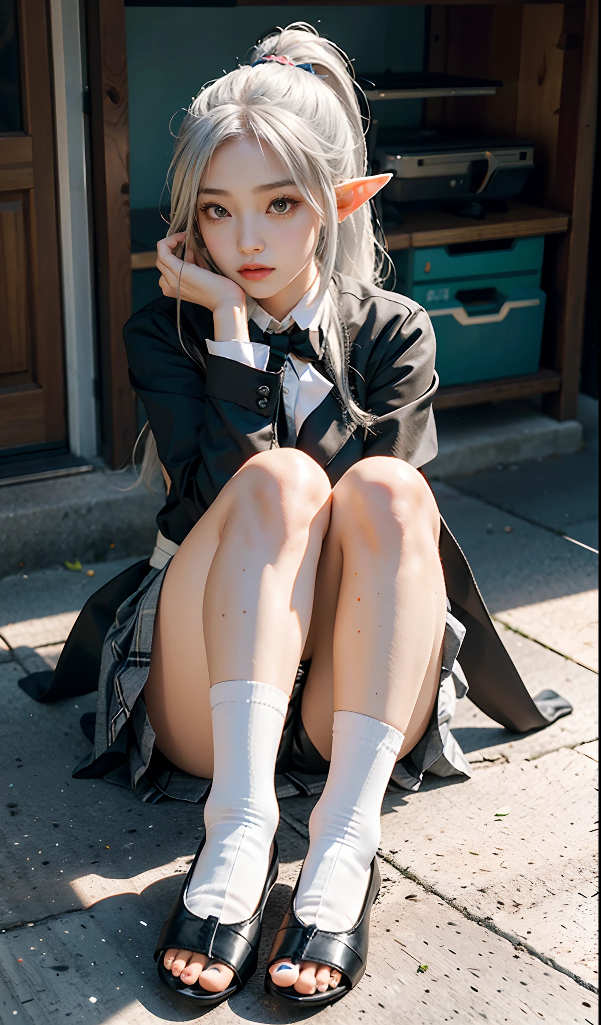 （Extremely normal body）Japanese-style town：1 Elf beauty，JK school uniform，(Elf long ears)，Short silver-white hair，Half-tied ponytail。Uniform for female high school students)，Short plaid skirt，Stretch your feet，Black short stockings，Black socks, Black socks，Translucent black socks，Jade foot，soles of feet，Normal feet ， very detailed eyes and faces， Sharp pupils， realistic pupil， tack sharp focus， cinmatic lighting，full bodyesbian，Bigboobs，long leges，From the front side，dynamicposes，Normal posture，closeup of face