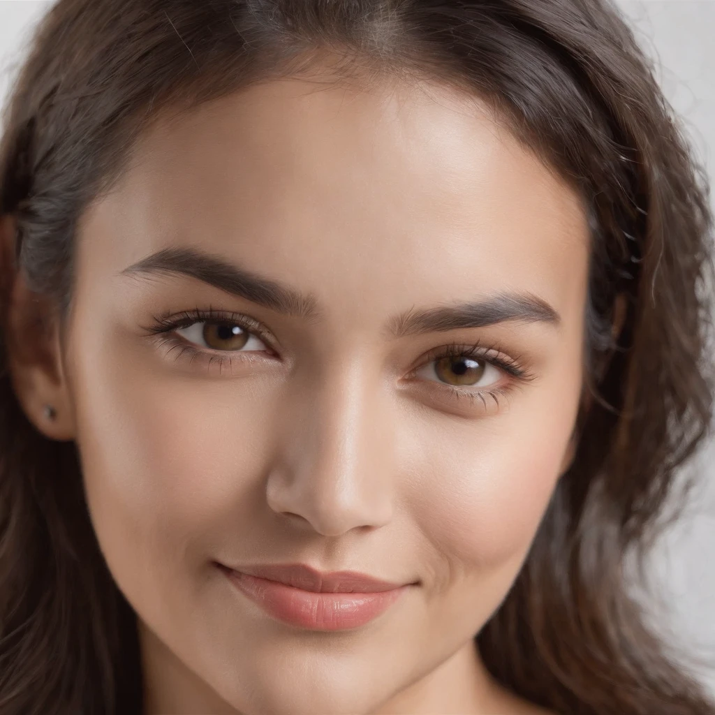 (Photo: 1.3) af (realism: 1.3), (Hispanic), Latina woman profile picture, (frontal close-up), soft light, clear face, happy, cheerful, warm light, white T-shirt, (off-white background), (blank background), ((gray wall background)) avatar, (long hair), smile, beautiful, young,, short hair, smile, (close-up)