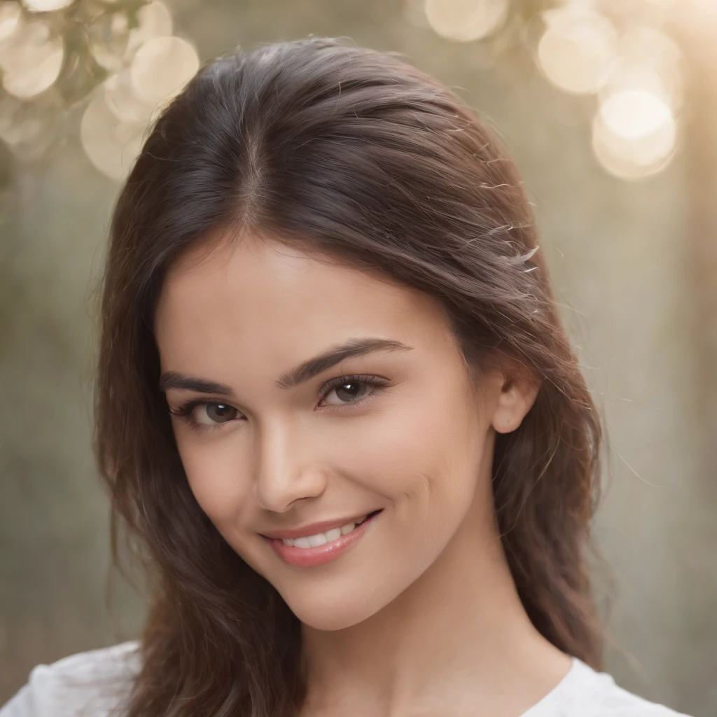 (Photo: 1.3) af (realism: 1.3), (Hispanic), Latina woman profile picture, (frontal close-up), soft light, clear face, happy, cheerful, warm light, white T-shirt, (off-white background), (blank background), ((gray wall background)) avatar, (long hair), smile, beautiful, young,, short hair, smile, (close-up)