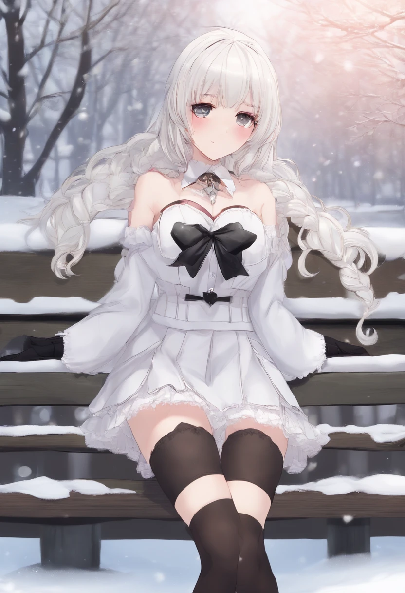 Lolita, long hair, cute, heart shaped pupils, solo, white hair, blushing, winter, snow, outdoors, not wearing bra, white stockings, sitting on ass, close up, short skirt, legs spread, not wearing pants