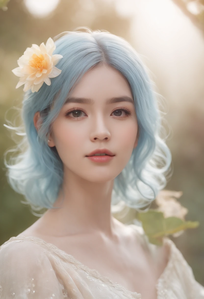 (Master parts), (Best quality), (ultra - detailed),(shaggy hair),(illustration), (1girll), (fashionable attire), standing, A fashion model, looki at viewer, (Interview), (simple backgound),美丽细致的眼睛, exquisite and beautiful face, Floating,(High saturation),(colorful splashs),colorful bubble,(Shining), focus onface, horse tailed, Kamiasto ayaka, light blue hair, rim, hair loops, floating flowers, Floating hairs, (Shining), best illuminate, Best shade,