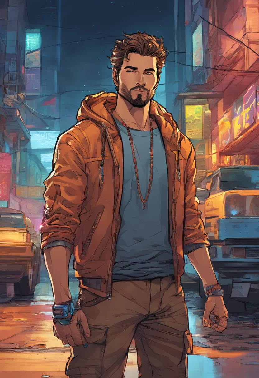 (best quality,highres,ultra-detailed,realistic:1.2), male with robotic arms wearing sleeveless hoodie, brown-eyed, brown ponytail, crackling energy, light beard, futuristic concept, vivid colors, glowing neon lights, impressive physique, powerful stance, cyberpunk style, metal texture, industrial setting, cityscape background