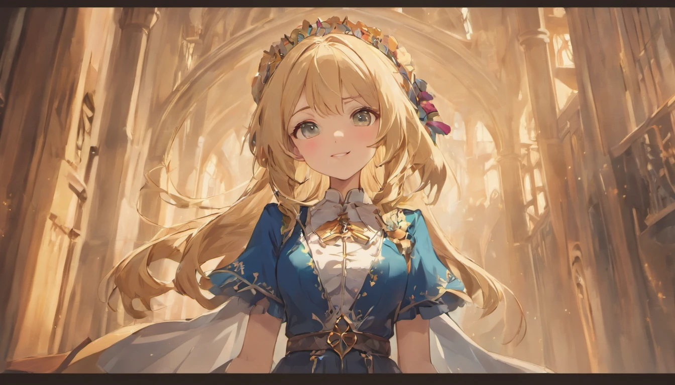 Beautiful photograph of cute smiling medieval female, wearing maid uniform, shapeless medieval blonde hair, elegant pose, medieval street background, abstract beauty, near perfection, pure form, Golden Ratio, minimalism, concept art, intricate detail, 8k post-production, High resolution, super Detail, sharp focus, studio photos, Very detailed