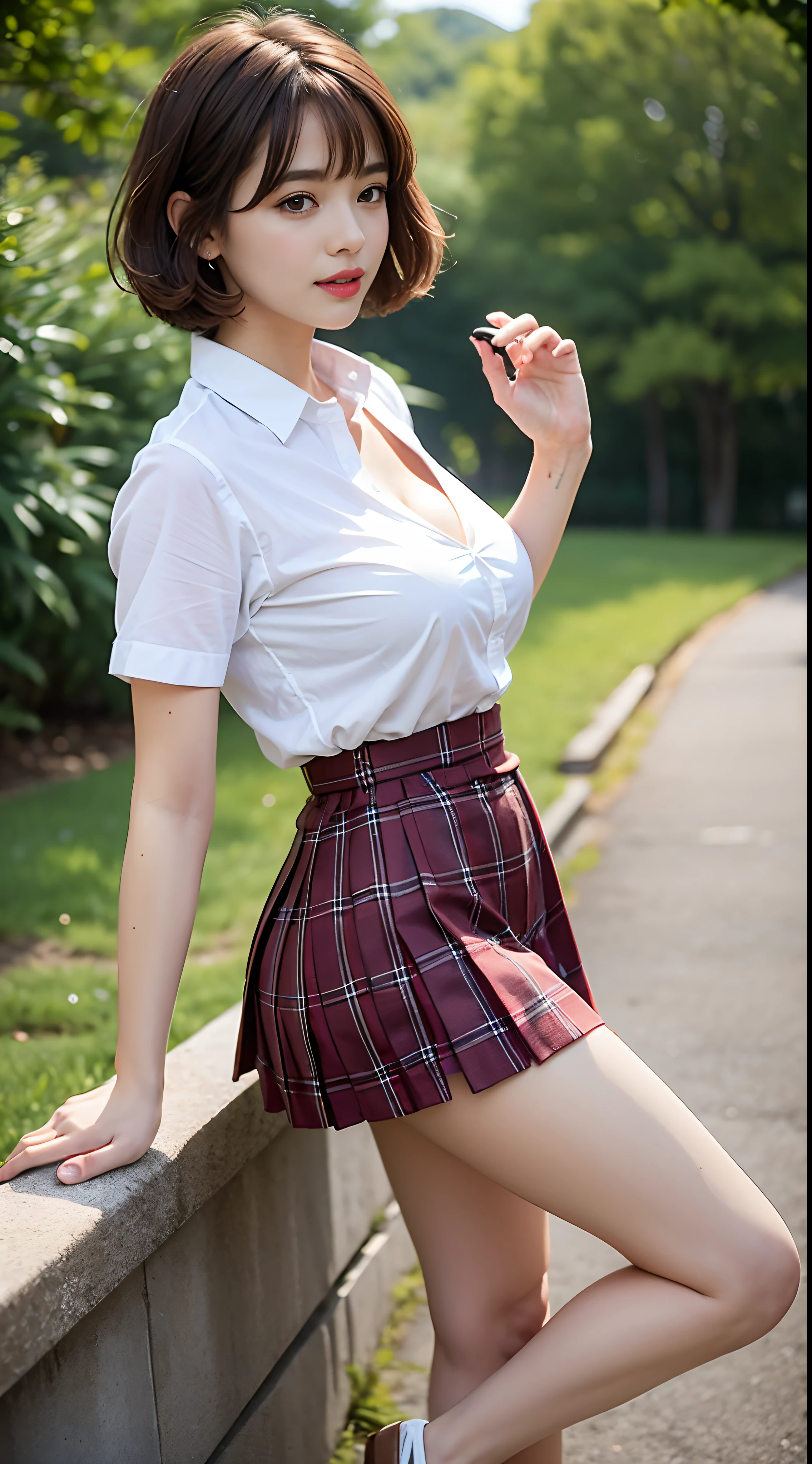 nsfw, 8K raw photo, Best quality, masterpiece, ultra high res, film grain, filmg, 1girl, looking at viewer, natural skin texture, realistic eye and face details, full lips, lipstick, (makeup), red eyeshadow, fluffy short hair, messy hair, smile, close mouth, beautiful legs, tall female, skinny, slim_legs, solo, enormous breast, cleavage, Pose with buttocks facing you, ultra short skirt, ass, shirt, beautiful nature location, around flower location, (detailed background), plaid skirt, white shirt, enormous breast, cleavage, Show a little cleavage through the shirt, loafers, blurry background, blurry, holding, plaid, short sleeves, jk ribbon on the neck, jk ribbon, brown hair, bracelet, water, bangs, school uniform, jewelry, parted lips, lips, from side, pleated skirt, depth of field