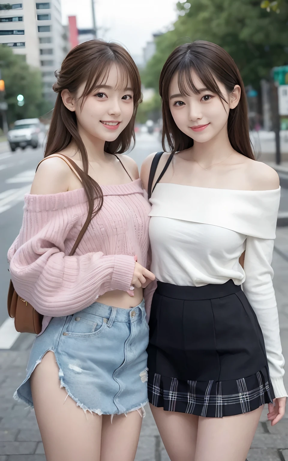 (2 girls of the same age:1.2) , couple focus, Adorable, , Upper body, japanaese girl, Stand next to each other , Off-the-shoulder summer sweater , Skirt, (Smile), hair scrunchie, (High color saturation:1), Best Quality, 超A high resolution, photographrealistic, ultra-detailliert, 8K, Raw photo, (Breast),(skirt rift:1.0)
