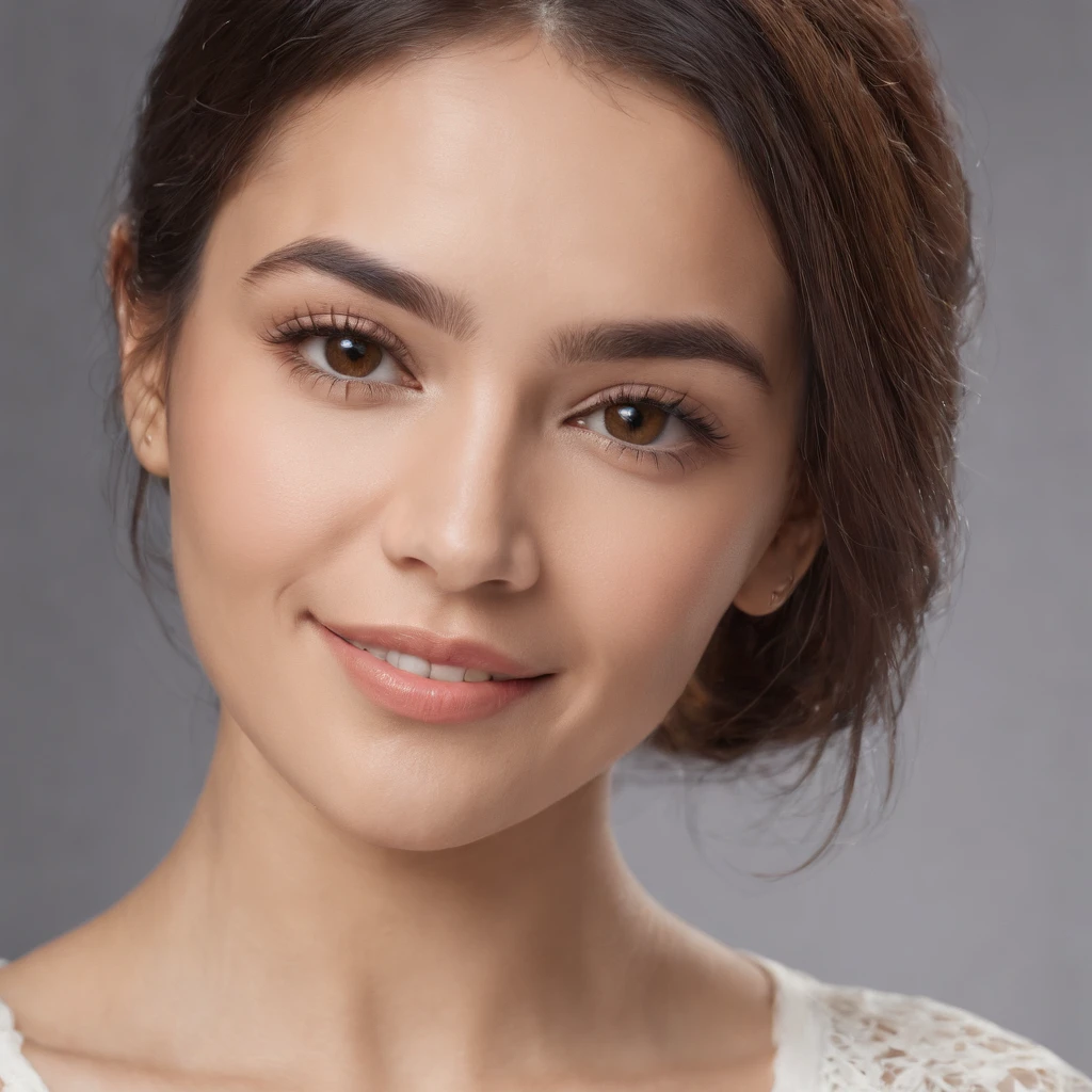 (Photo: 1.3) af (realism: 1.3), (Hispanic), Latina woman profile picture, (frontal close-up), soft light, clear face, happy, cheerful, warm light, white T-shirt, (off-white background), (blank background), ((gray wall background)) avatar, (long hair), smile, beautiful, young,, short hair, smile, (close-up)