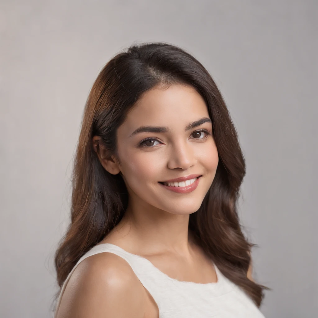 (Photo: 1.3) af (realism: 1.3), (Hispanic), Latina woman profile picture, (frontal close-up), soft light, clear face, happy, cheerful, warm light, white T-shirt, (off-white background), (blank background), (gray wall background)) avatar, (blunt bangs, younger sister's head), smile, beautiful, young, short hair, smile, (close-up)