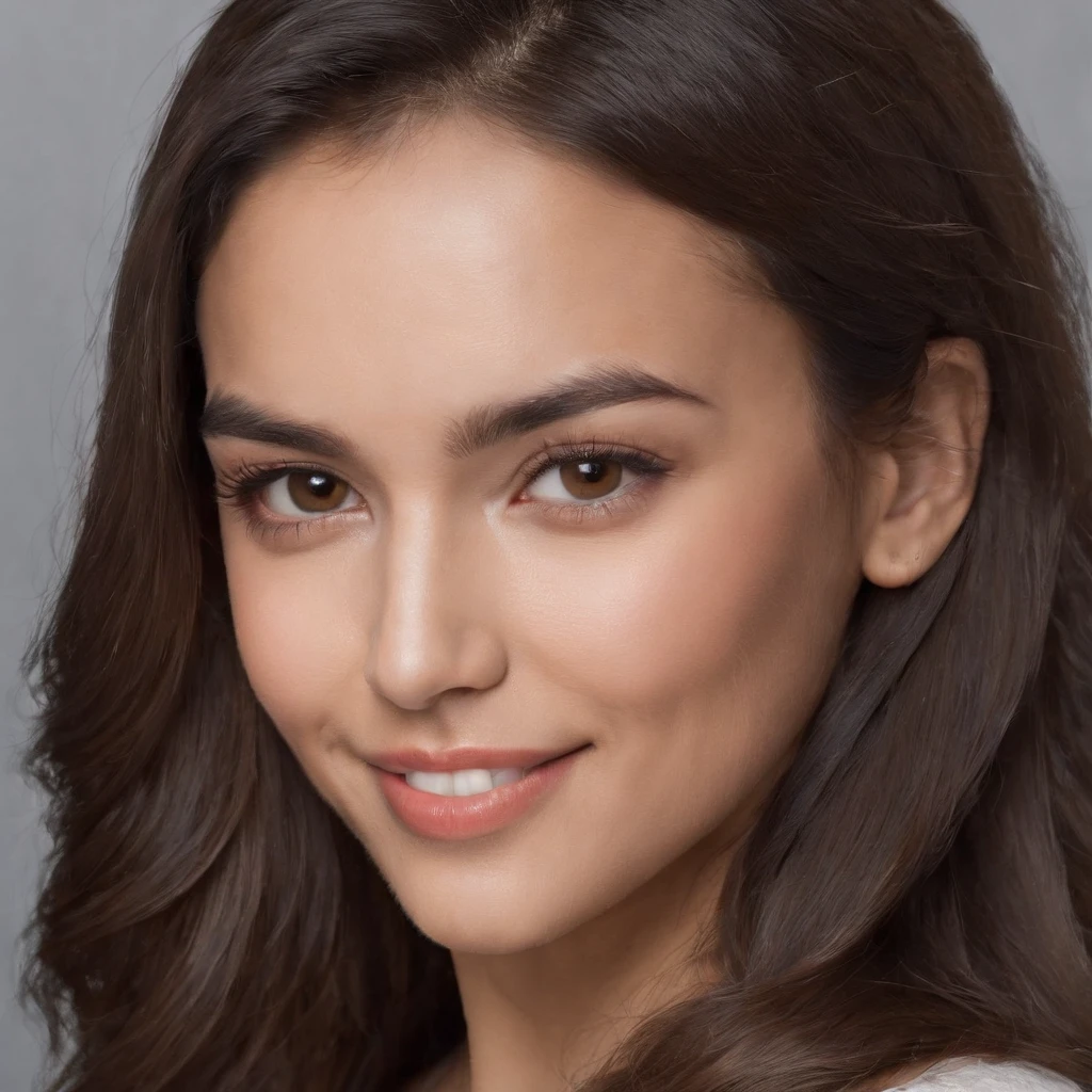 (Photo: 1.3) af (realism: 1.3), (Hispanic), Latina woman profile picture, (frontal close-up), soft light, clear face, happy, cheerful, warm light, white T-shirt, (off-white background), (blank background), ((gray wall background)) avatar, (long hair), smile, beautiful, young,, short hair, smile, (close-up)