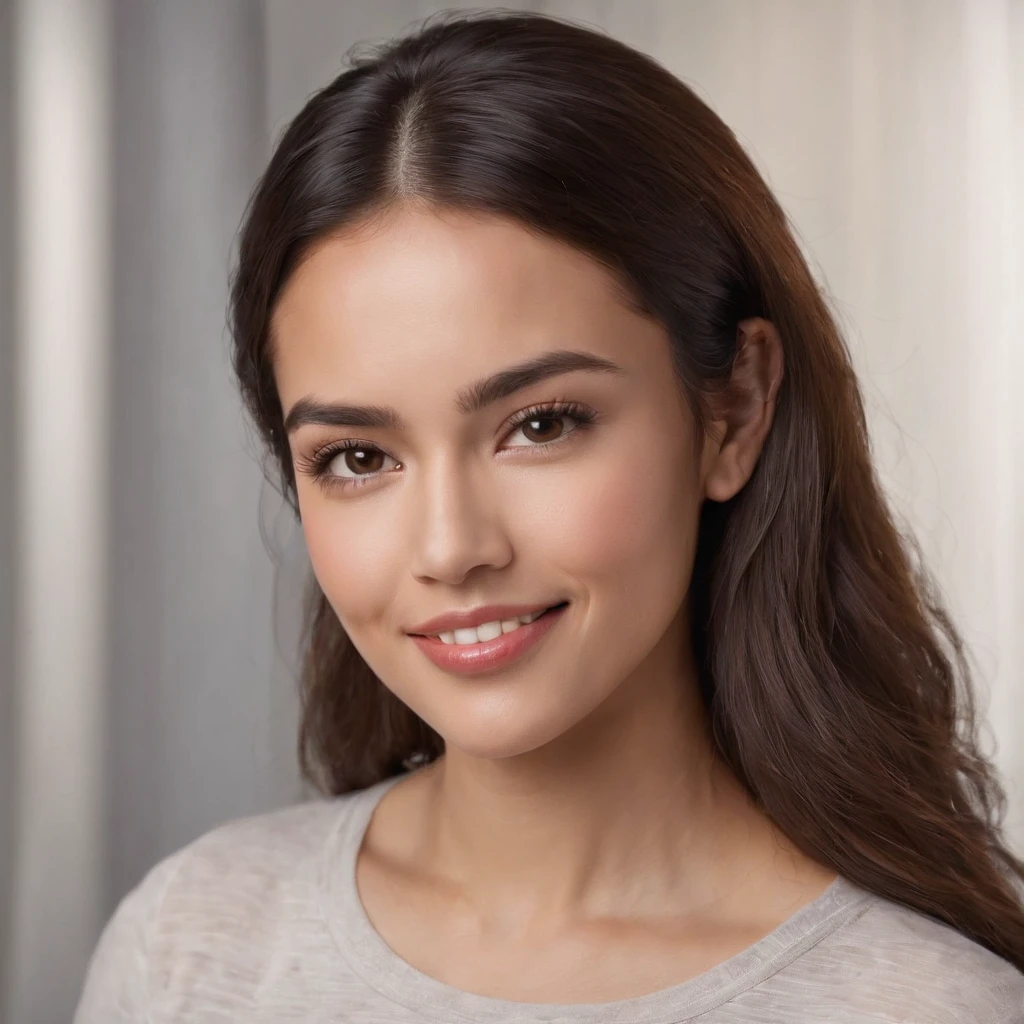 (Photo: 1.3) af (realism: 1.3), (Hispanic), Latina woman profile picture, (frontal close-up), soft light, clear face, happy, cheerful, warm light, white T-shirt, (off-white background), (blank background), ((gray wall background)) avatar, (long hair), smile, beautiful, young,, short hair, smile, (close-up)