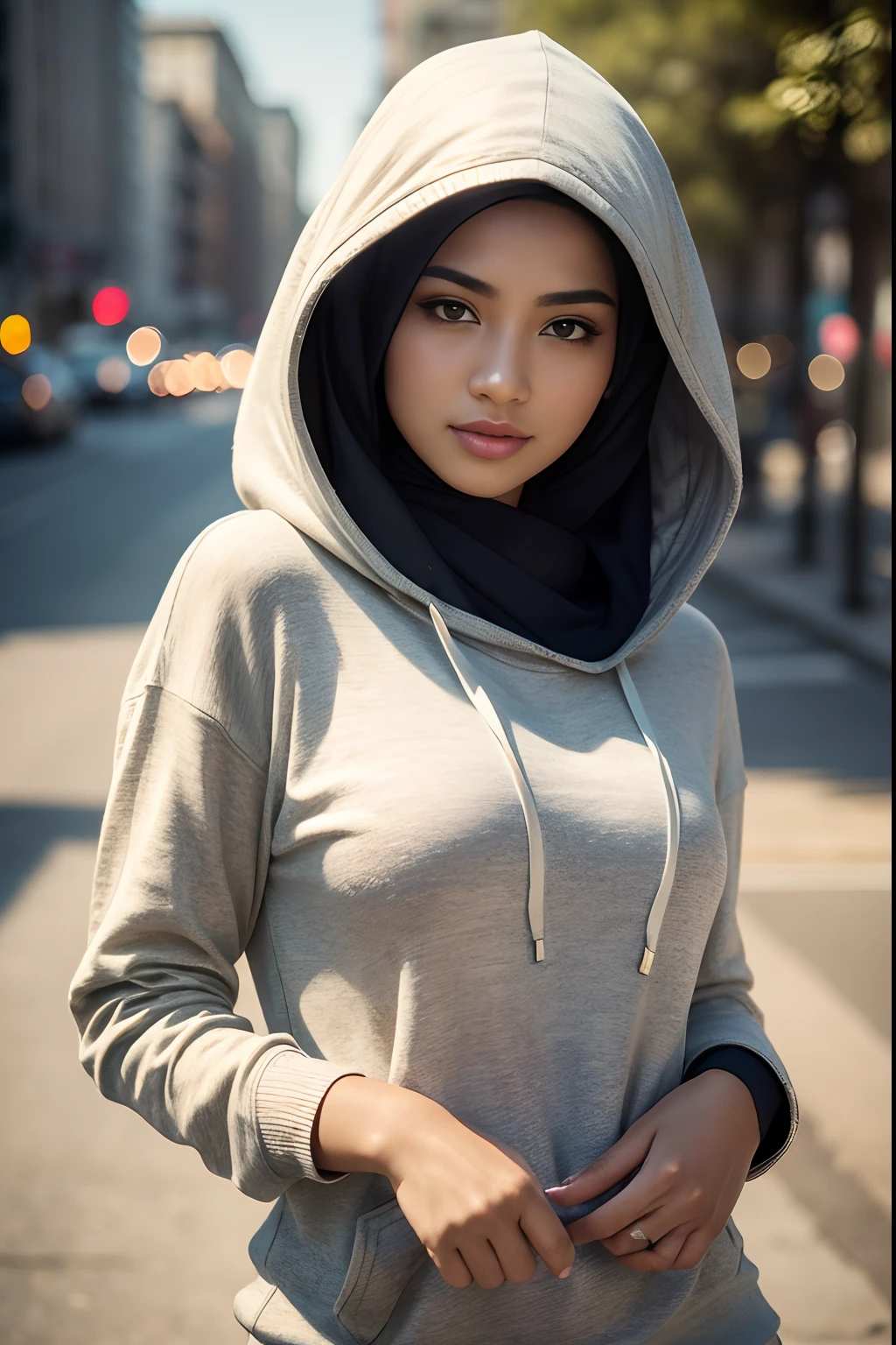 Best quality, high resolution, masterpiece: 1.3), beautiful Malay woman in hijab, big breasts, wearing a hooded sweater, ((hooded sweater:1.2)), (8k, RAW photo, photorealistic:1.25) ,( lipgloss, eyelashes, face sparkling, shiny skin, best quality, ultra high resolution, depth of field, chromatic aberration, caustic, broad lighting, natural shadows) looks at the viewer with serene goddess-like bliss, (highly detailed skin: 1.2), BREAK on a city street at night ,