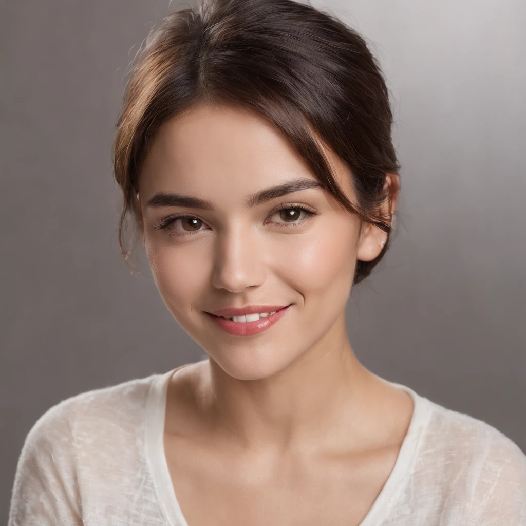 (Photo: 1.3) af (realism: 1.3), (Hispanic), Latina woman profile picture, (frontal close-up), soft light, clear face, happy, cheerful, warm light, white T-shirt, (off-white background), (blank background), ((gray wall background)) avatar, (short hair), smile, beautiful, young,, short hair, smile, (close-up)