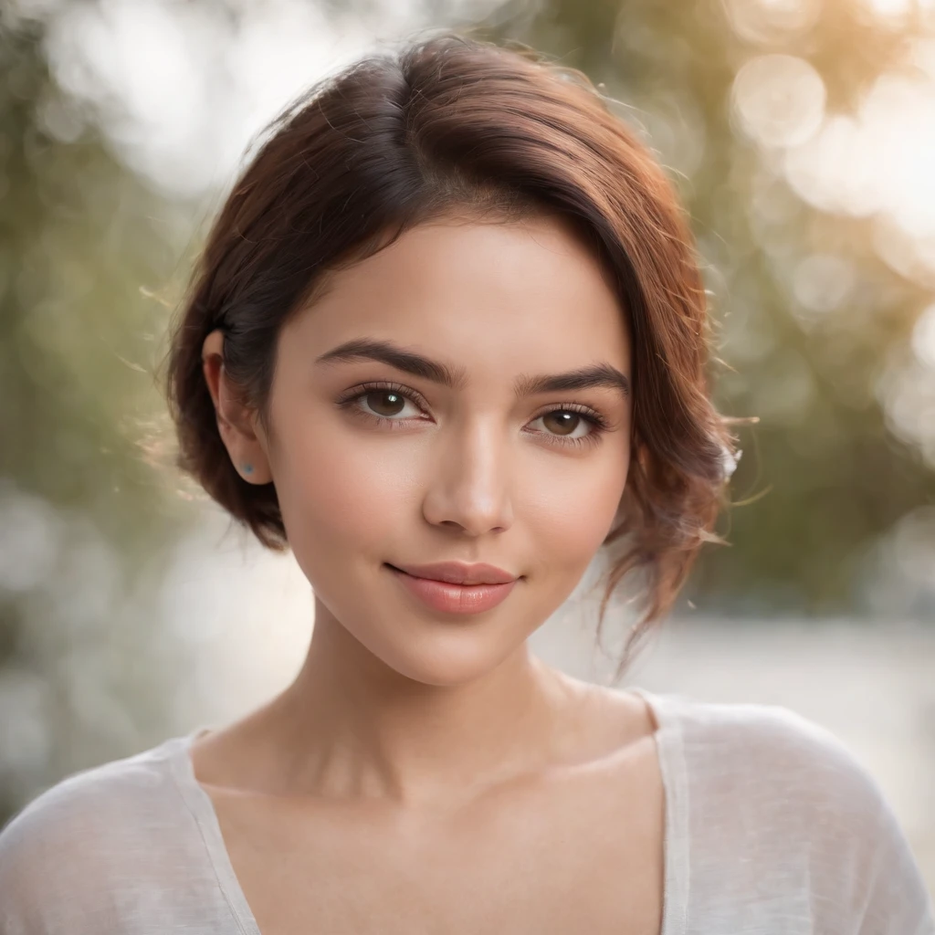 (Photo: 1.3) af (realism: 1.3), (Hispanic), Latina woman profile picture, (frontal close-up), soft light, clear face, happy, cheerful, warm light, white T-shirt, (off-white background), (blank background), ((gray wall background)) avatar, (short hair), smile, beautiful, young,, short hair, smile, (close-up)