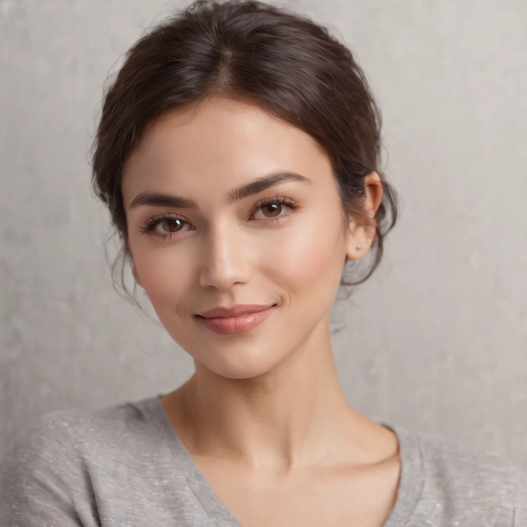 (Photo: 1.3) af (realism: 1.3), (Hispanic), Latina woman profile picture, (frontal close-up), soft light, clear face, happy, cheerful, warm light, white T-shirt, (off-white background), (blank background), ((gray wall background)) avatar, (short hair), smile, beautiful, young,, short hair, smile, (close-up)