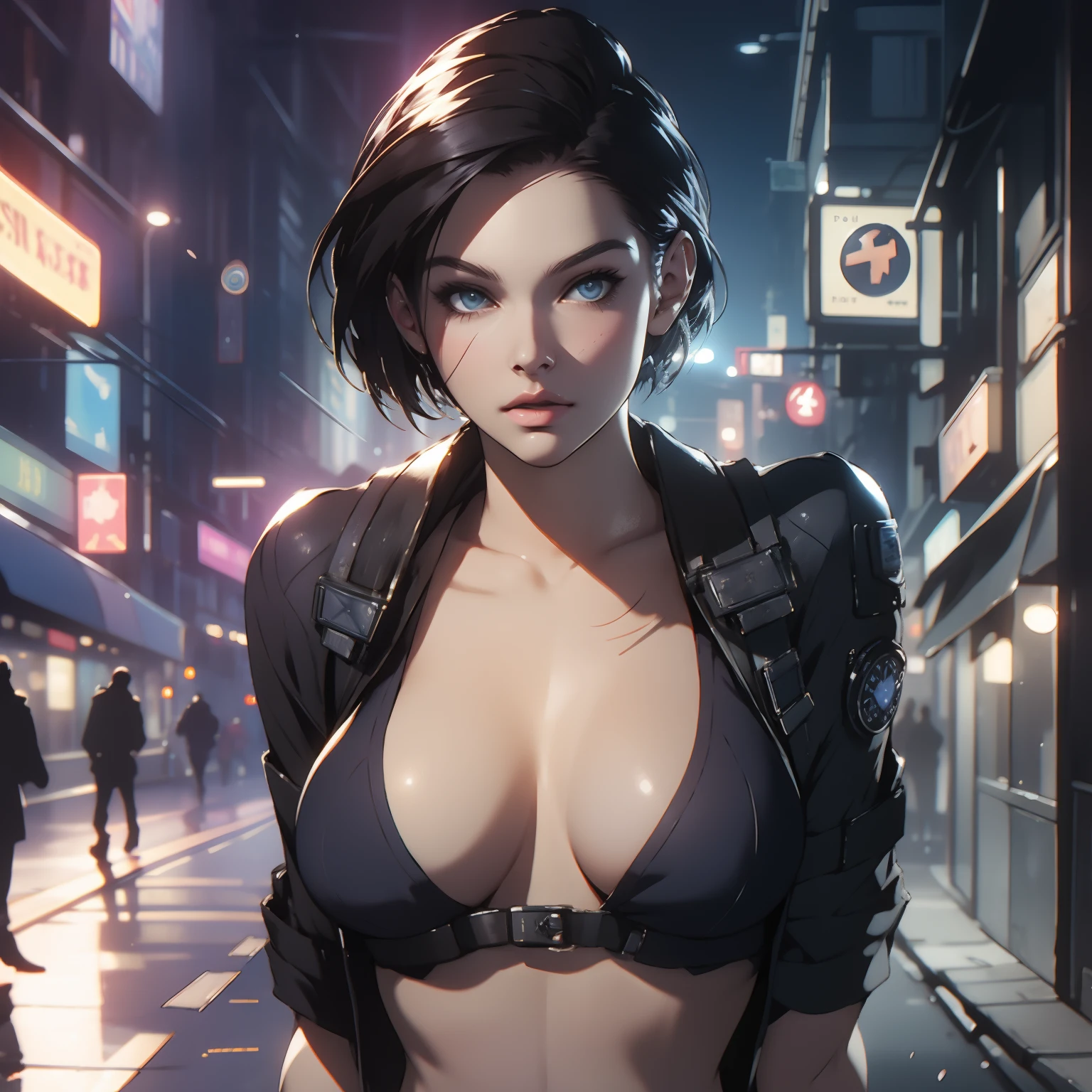 jill valentine, beautiful woman, sexy woman, perfect breast, ((half body)), (looking at viewer:1.1), night street, by Conor Harrington