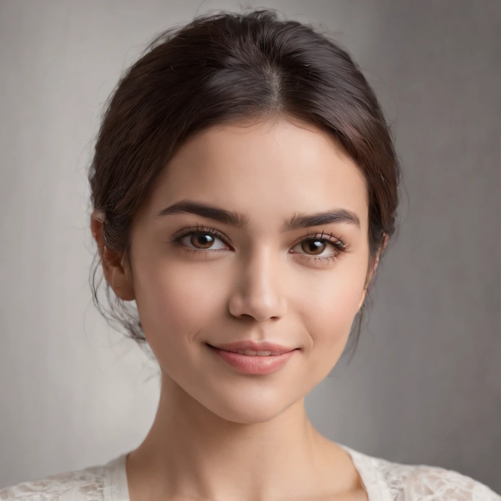 (Photo: 1.3) af (realism: 1.3), (Hispanic), Latina woman profile picture, (frontal close-up), soft light, clear face, happy, cheerful, warm light, white T-shirt, (off-white background), (blank background), ((gray wall background)) avatar, (short hair), smile, beautiful, young,, short hair, smile, (close-up)