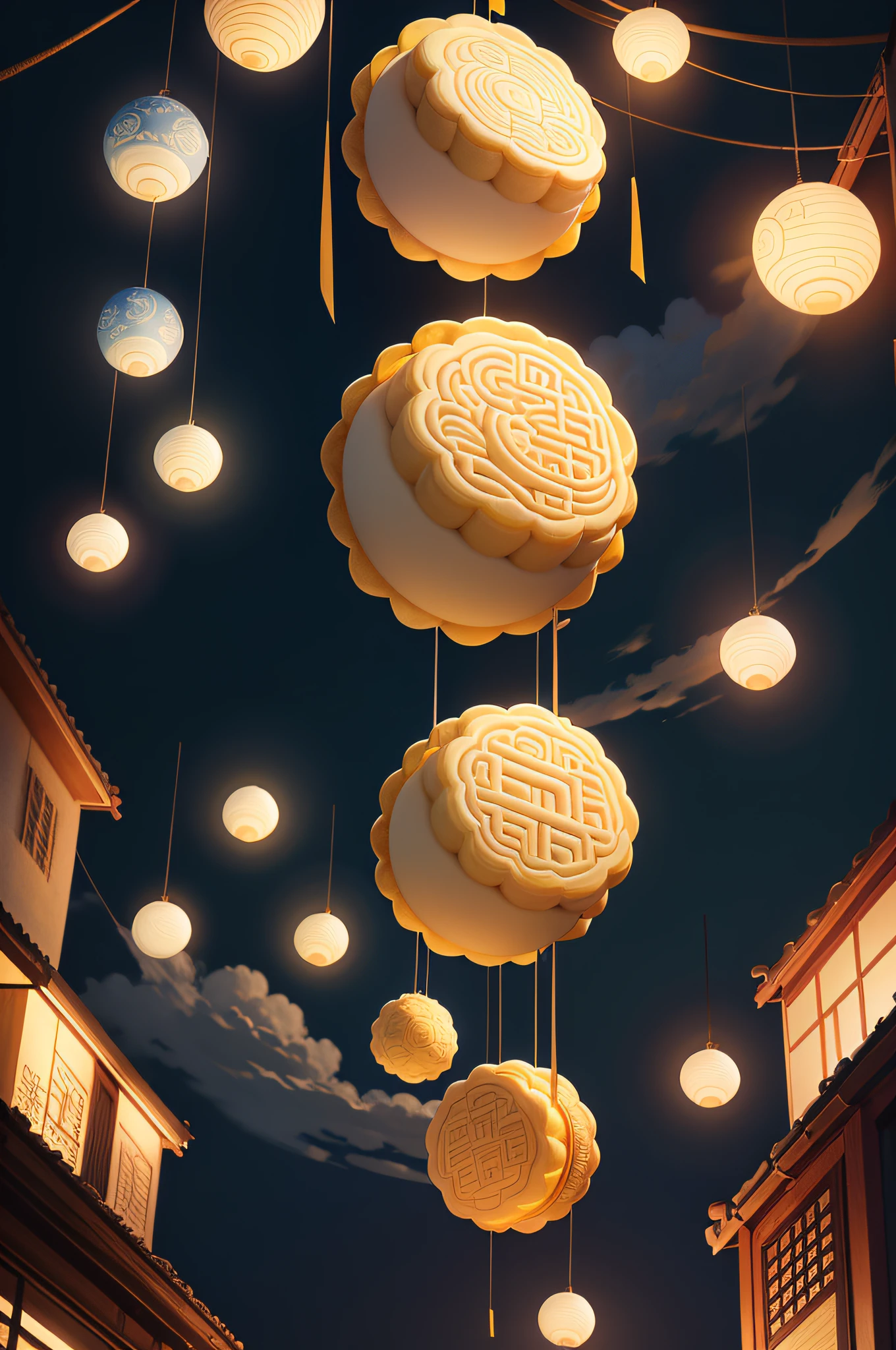 Mooncakes hang in the sky like a round moon，An auspicious place for the Mid-Autumn Festival，Mid-Autumn Festival，outstanding，reunion