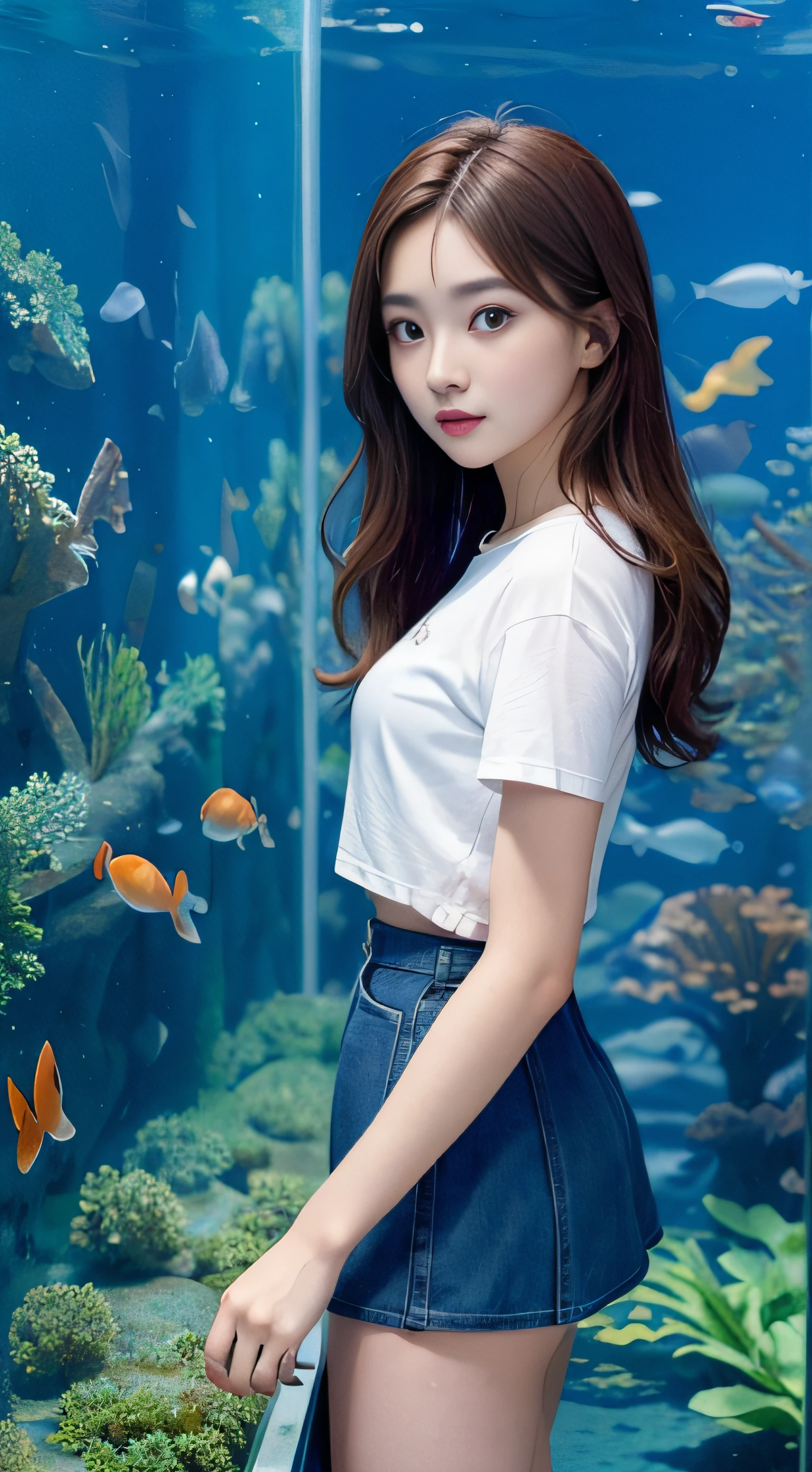 1girl in、Early 20s、(Super beautiful)、(ultra beautiful faces)、Wearing makeup、brown haired、(In front of the aquarium aquarium)、a miniskirt、Shallow depth of field