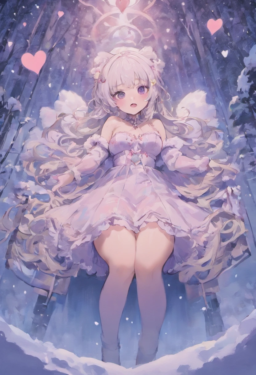 Lolita, long hair, cute, heart shaped pupils, solo, white hair, blushing, winter, snow, outdoors, not wearing bra, white stockings, sitting on ass, close up, short skirt, legs spread, not wearing pants, naked