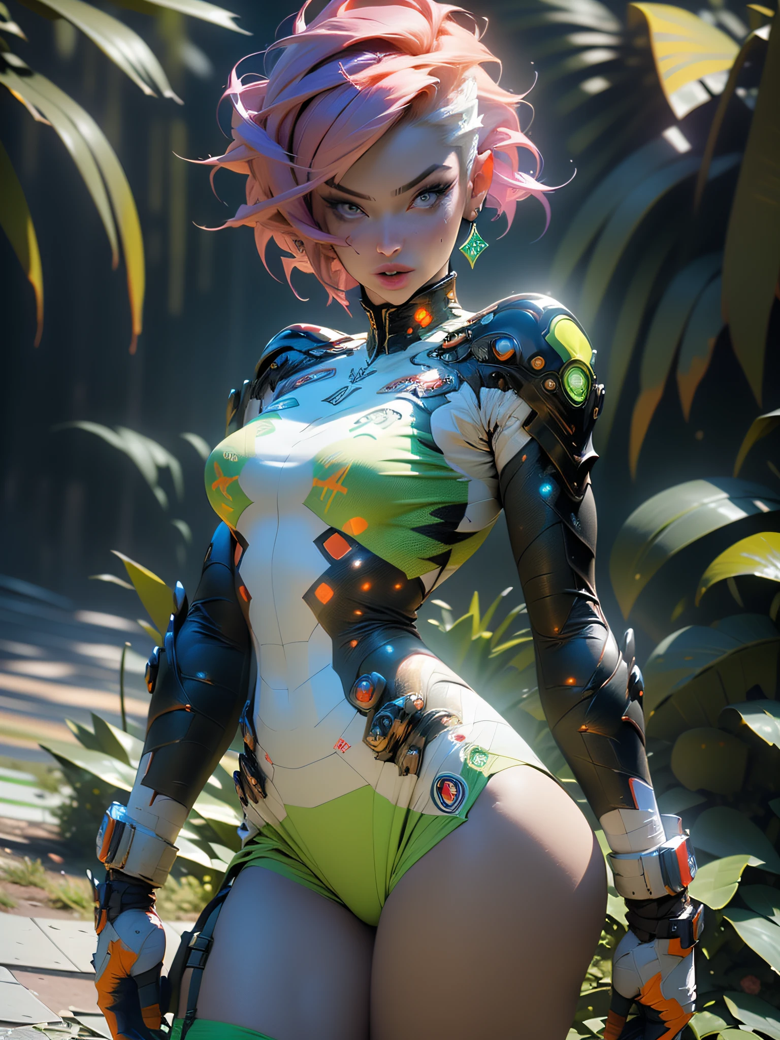 ((Best quality)), ((masterpiece)), (detailed: 1.4), woman defined body, full body, bare thighs, body parts covered by futuristic retro clothing with various stickers glued by the body, (((large breasts)) perfect, generous neckline, pastel, orange mohawk hair with small white locks, short underwear, garter belt, by mucha, niji, close to real, best quality, almost naked, psychopath, crazy face, action pose, sexy pose, starry night background, imitating outfit, hexagonal tattoos, green bra with white stars, 5-pointed stars painted breasts, ((((clothes with the colors of the Brazilian flag))), shoulder pads with pointed pins, red eyes without pupils, HDR (High Dynamic Range),Ray Tracing,NVIDIA RTX,Super-Resolution,Unreal 5,Subsurface dispersion, PBR texture, Post-processing, Anisotropic filtering, Depth of field, Maximum clarity and sharpness, Multilayer textures, Albedo and specular maps, Surface shading, Accurate simulation of light-material interaction, Perfect proportions, Octane Render, Two-tone lighting, Wide aperture, Low ISO, White balance, Rule of thirds, 8K RAW, crysisnanosuit