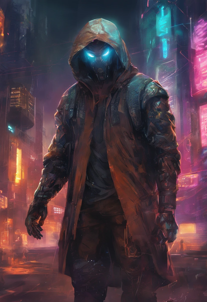 (best quality,highres,ultra-detailed,realistic:1.2), male with robotic arms wearing sleeveless hoodie, brown-eyed, brown ponytail, crackling energy, light beard, futuristic concept, vivid colors, glowing neon lights, impressive physique, powerful stance, cyberpunk style, metal texture, industrial setting, cityscape background