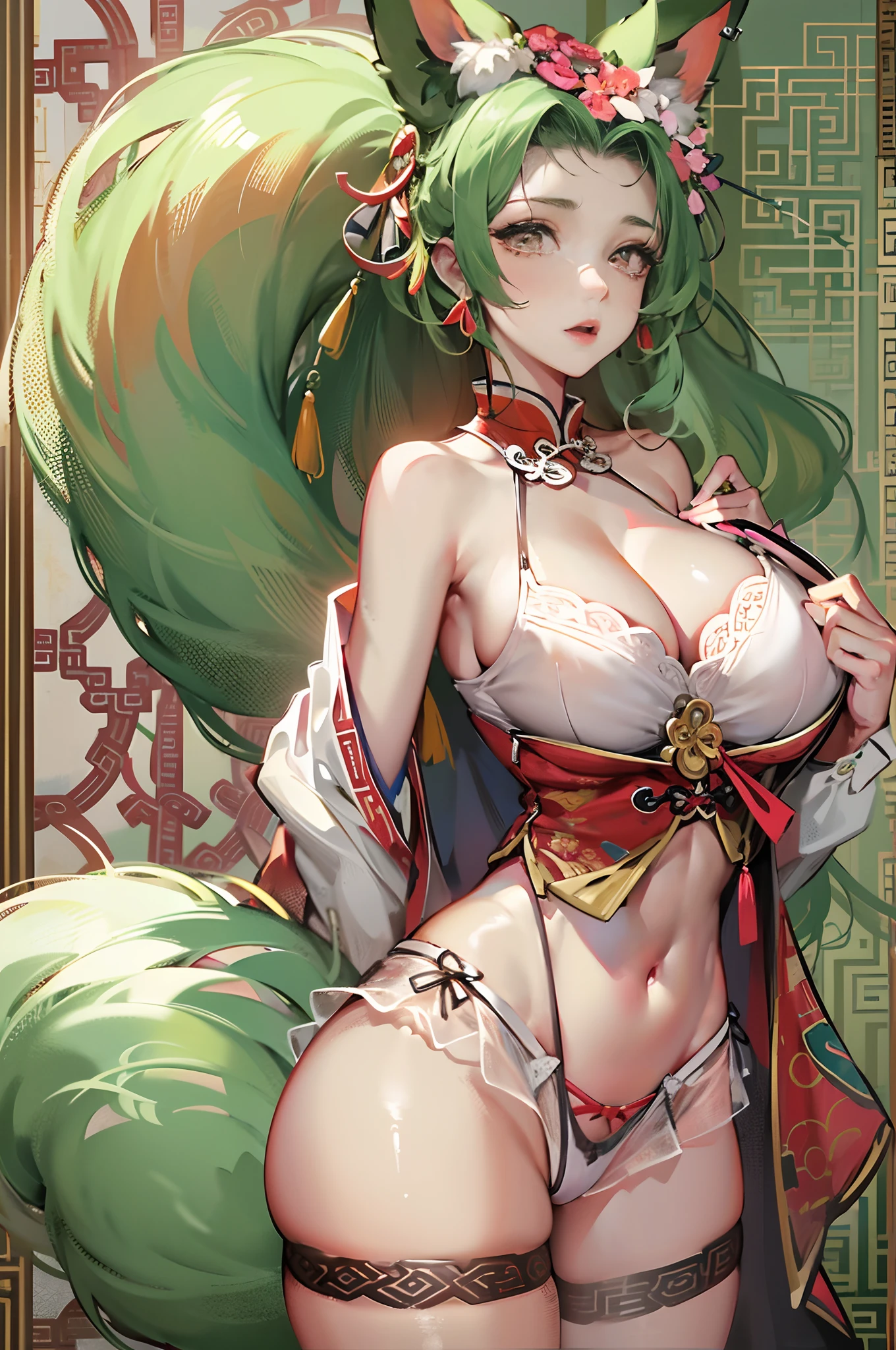 a beauty girl,Mature face,a matural female,Fluffy tail hair,Ultra-loose underwear,clothes slipping off,Anterior convex and posterior,Straight chest,Ruddy complexion,Huge fox tail,nabel,(huge tit),adventurer,tit,areola of breast,pantiess,Stockings,Human Services Group,((illustrated)),split,((Chinese tradition)),(Sex workers),(Prostitutes)