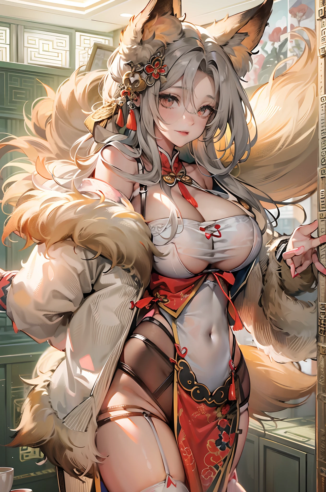 a beauty girl,Mature face,a matural female,Fluffy tail hair,Ultra-loose underwear,clothes slipping off,Anterior convex and posterior,Straight chest,Ruddy complexion,Huge fox tail,nabel,(huge tit),adventurer,tit,areola of breast,pantiess,Stockings,Human Services Group,((illustrated)),split,((Chinese tradition)),(Sex workers),(Prostitutes)