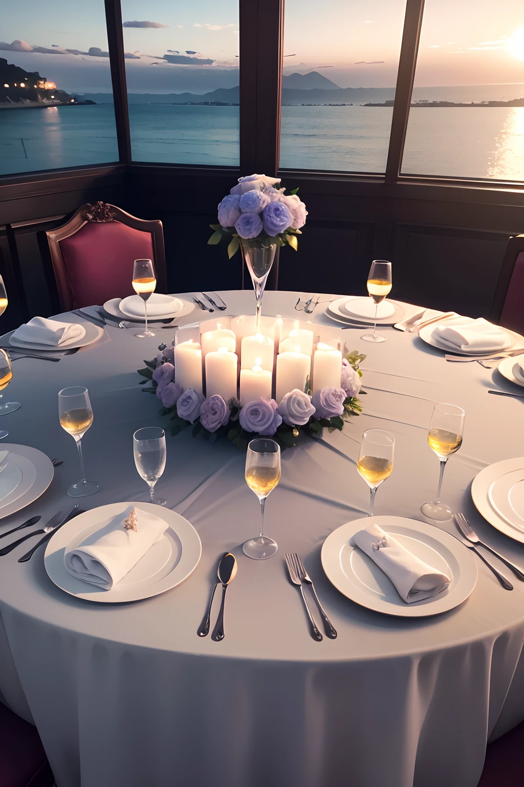 Fine Dining Elegance, Capture the sophistication of fine dining by showcasing a beautifully set table with fine china, crystal glasses, and a meticulously plated gourmet dish as the centerpiece, sea view, printable --auto