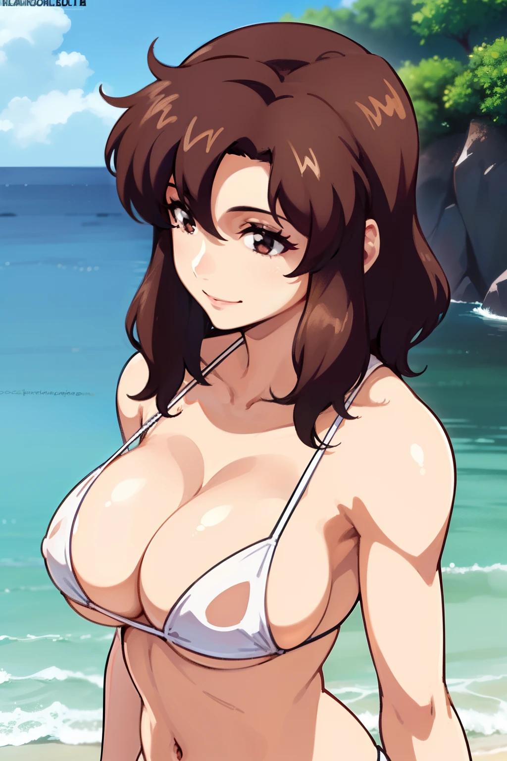 1womanl, A MILF, dark brown hair, kindly smile, large full breasts, cleavage, White micro bikini, (upper body, front view:1.5), sunshine, Beach
