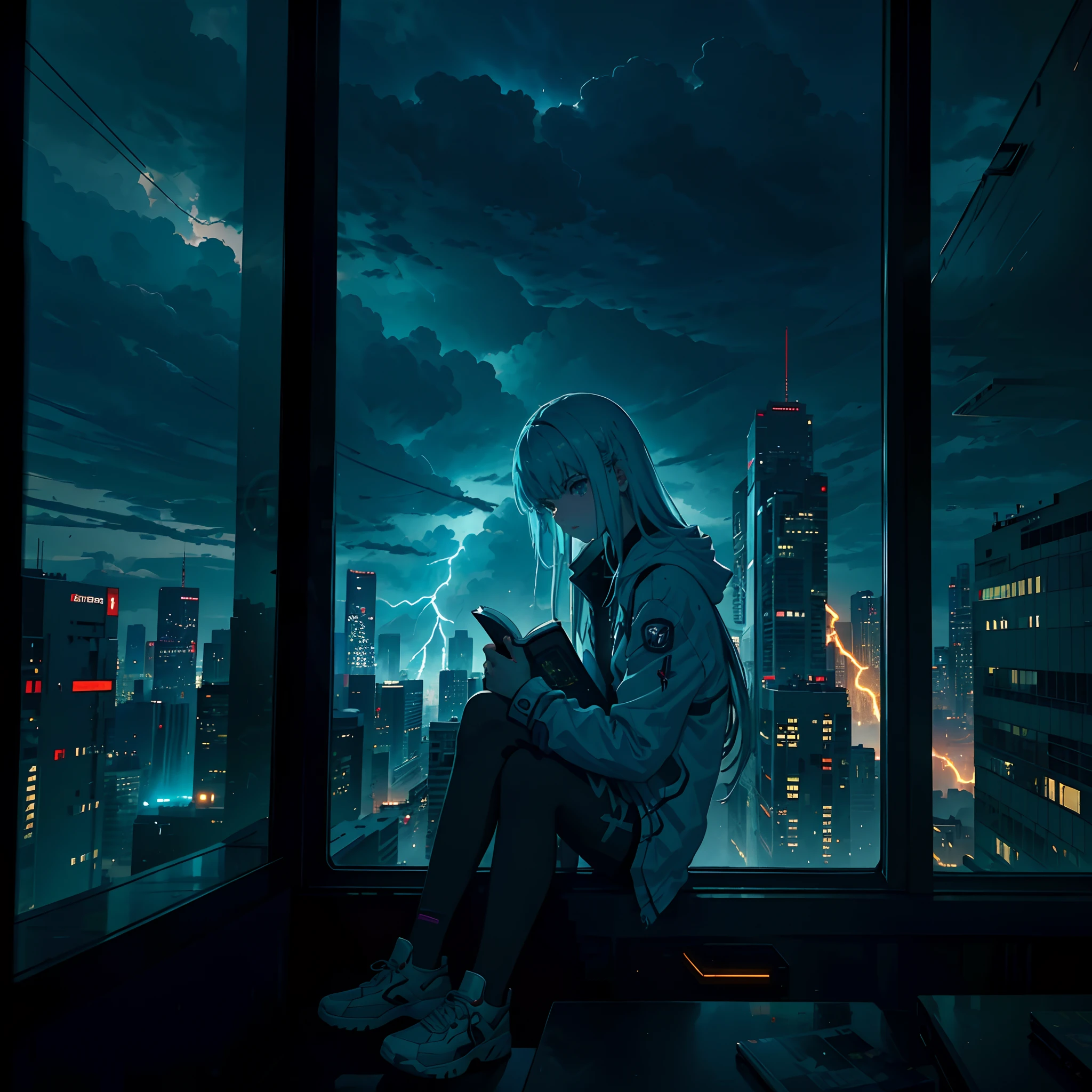 A teenage cyberpunk sitting at the window reading a book, as nuvens do lado de fora da janela eram espessas, lightning and thunder, o clima estava deprimido, e o estilo era sombrio