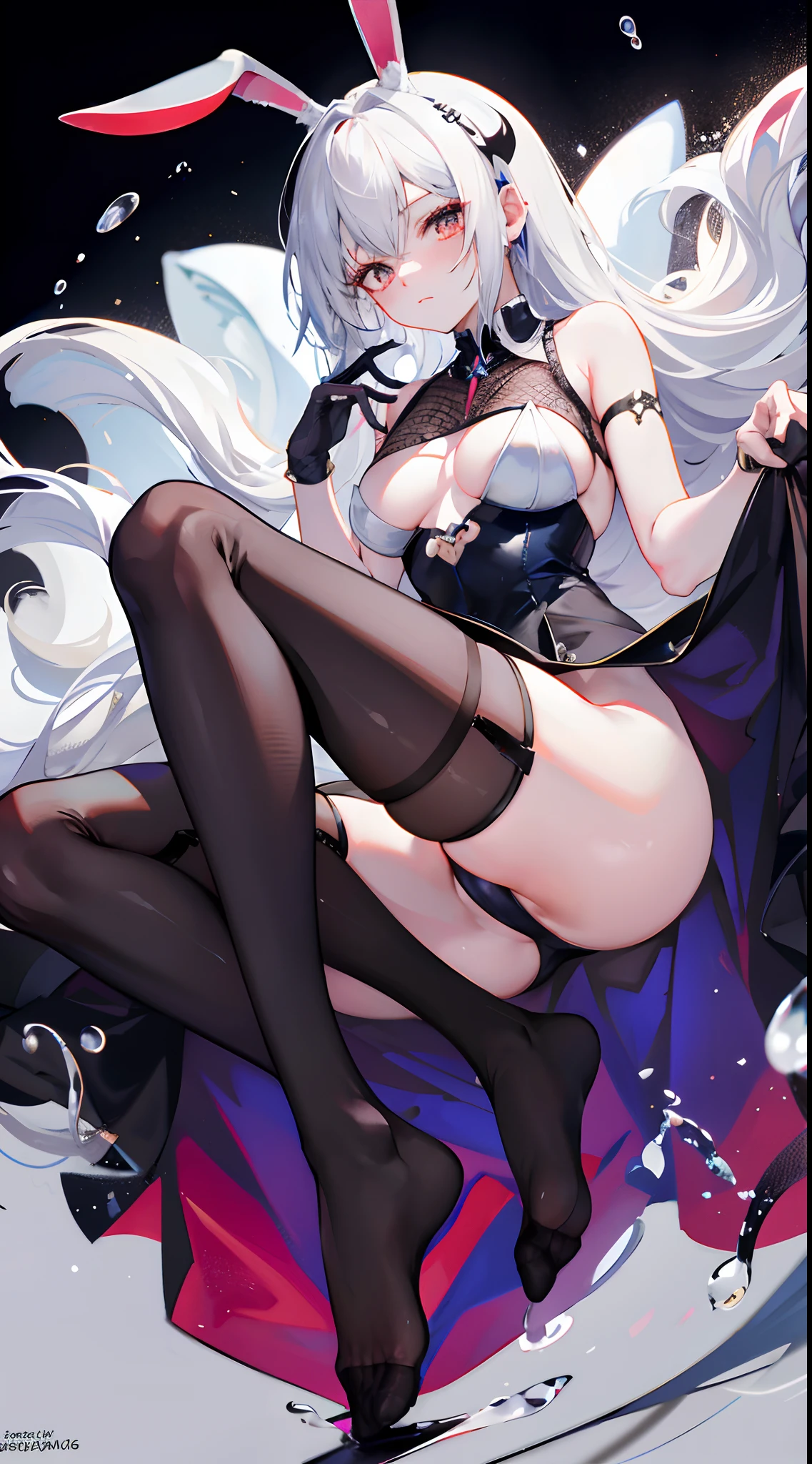 opening legs,Bunny ears,No underwear, the feet,is shy,sitted, Feet,Exposed genitals,clear liquid,Bigchest,transparent panty,soaking wet,Hold your thighs from behind with your hands,Emotive expressions,Ambiguous,taunt,Succubus,Unoccluded,There is no lower limit,Mesh socks,black lence stockings,female domination,camel-toe