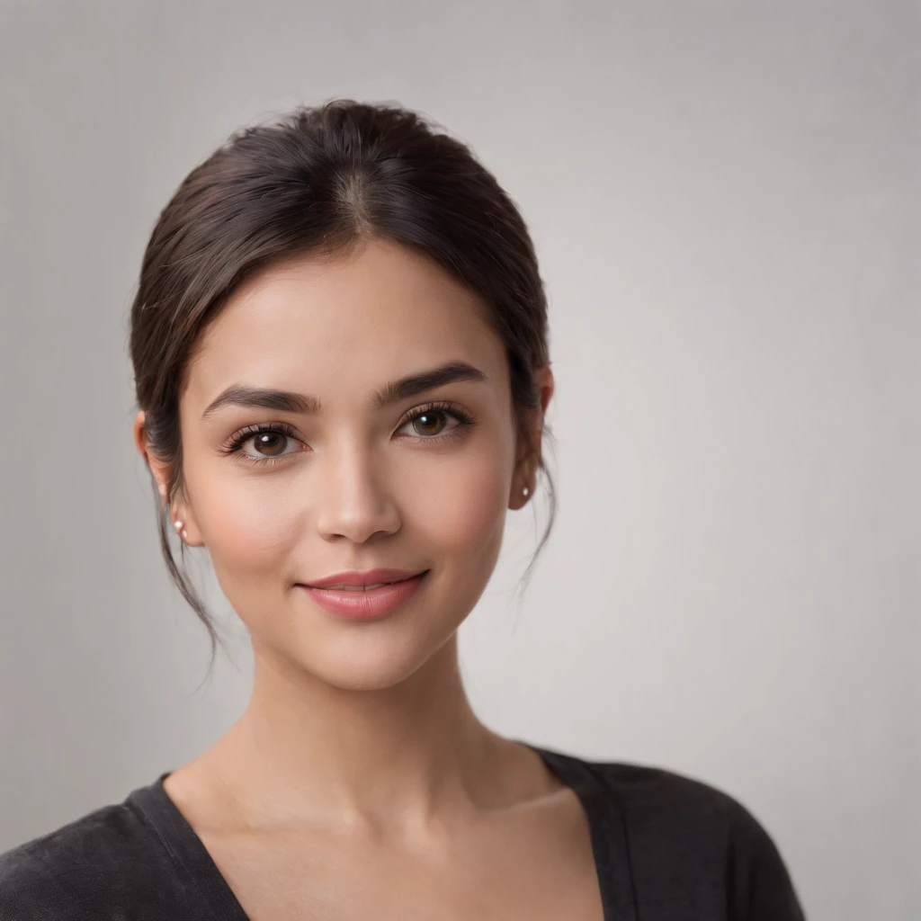 (Photo: 1.3) af (realism: 1.3), (Hispanic), Latina woman profile picture, (frontal close-up), soft light, clear face, happy, cheerful, warm light, white T-shirt, (off-white background), (blank background), ((gray wall background)) avatar, (short hair), smile, beautiful, young,, short hair, smile, (close-up)
