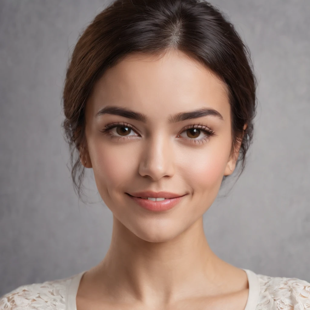 (Photo: 1.3) af (realism: 1.3), (Hispanic), Latina woman profile picture, (frontal close-up), soft light, clear face, happy, cheerful, warm light, white T-shirt, (off-white background), (blank background), ((gray wall background)) avatar, (short hair), smile, beautiful, young,, short hair, smile, (close-up)