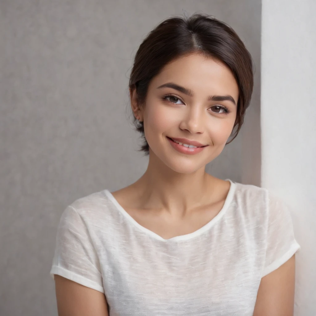 (photo: 1.3) af (photorealism: 1.3), Hispanic Americans soft light, clear face, happy, cheerful, warm light, white t-shirt, ((off-white background)), ((off-white background)) . ((grey wall background)) avatar, (long or short hair), smile, handsome, young,, short hair, smile, (close-up)