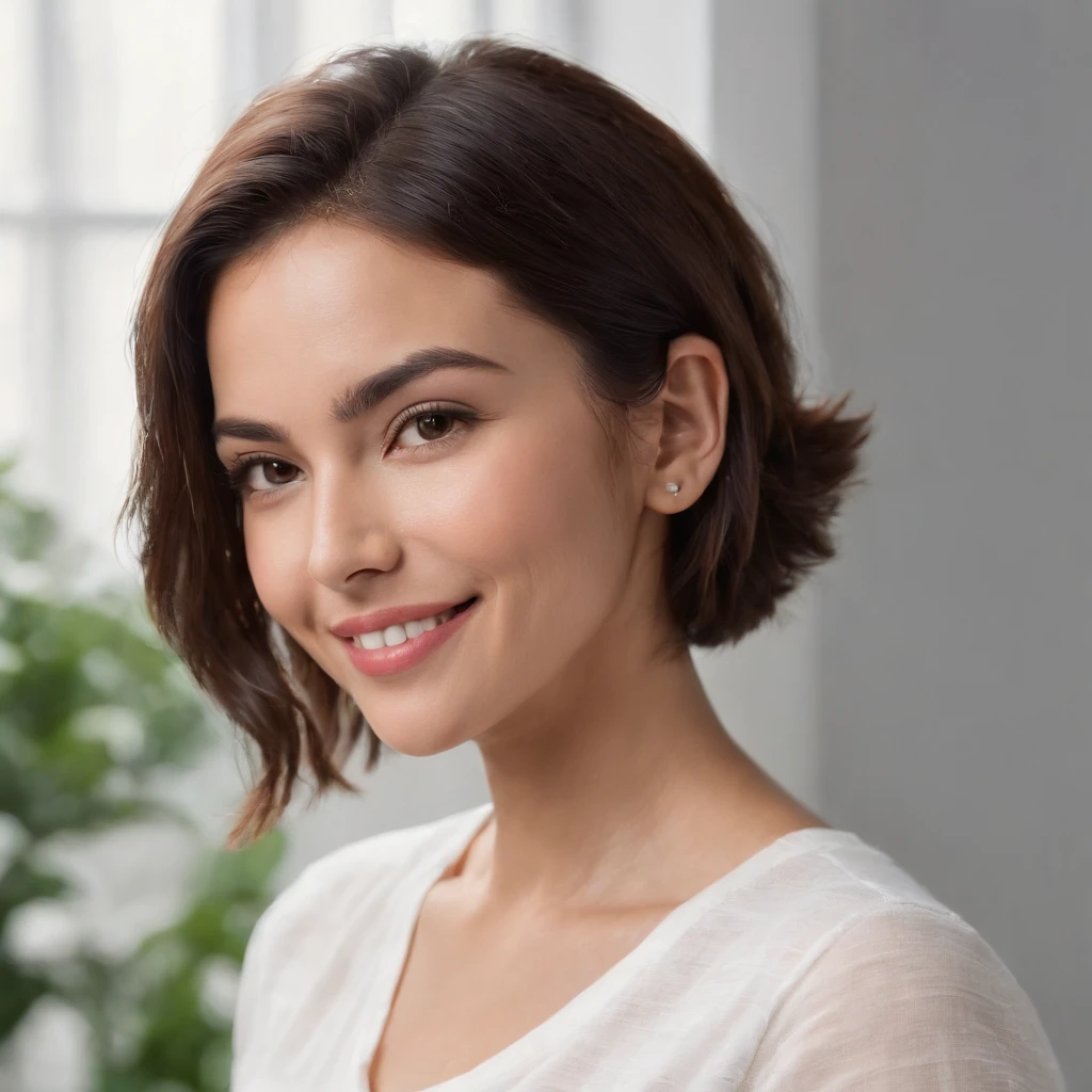 (Photo: 1.3) af (realism: 1.3), (Hispanic), Latina woman profile picture, (frontal close-up), soft light, clear face, happy, cheerful, warm light, white T-shirt, (off-white background), (blank background), ((gray wall background)) avatar, (short hair), smile, beautiful, young,, short hair, smile, (close-up)