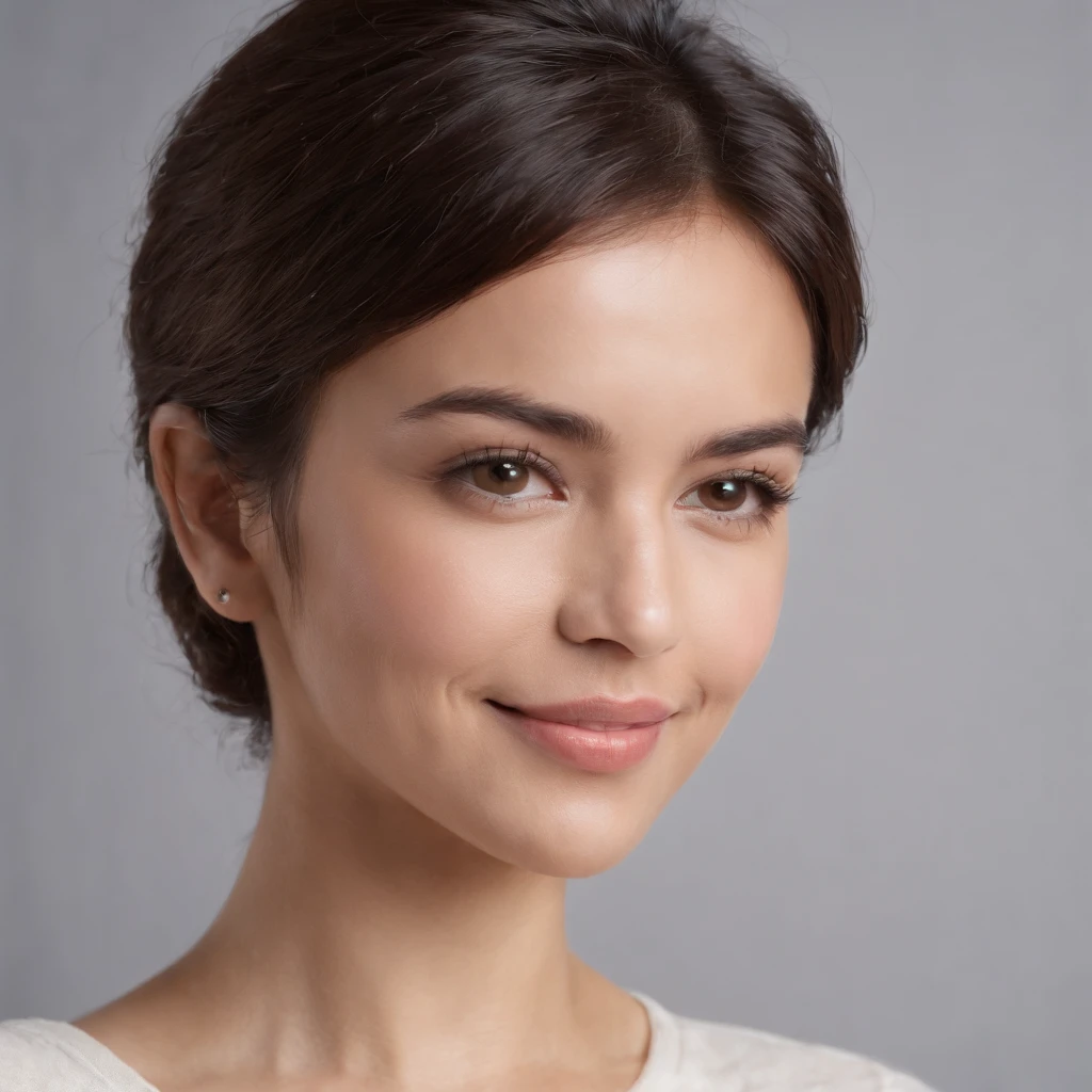 (Photo: 1.3) af (realism: 1.3), (Hispanic), Latina woman profile picture, (frontal close-up), soft light, clear face, happy, cheerful, warm light, white T-shirt, (off-white background), (blank background), ((gray wall background)) avatar, (short hair), smile, beautiful, young,, short hair, smile, (close-up)