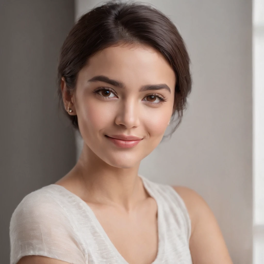 (Photo: 1.3) af (realism: 1.3), (Hispanic), Latina woman profile picture, (frontal close-up), soft light, clear face, happy, cheerful, warm light, white T-shirt, (off-white background), (blank background), ((gray wall background)) avatar, (short hair), smile, beautiful, young,, short hair, smile, (close-up)