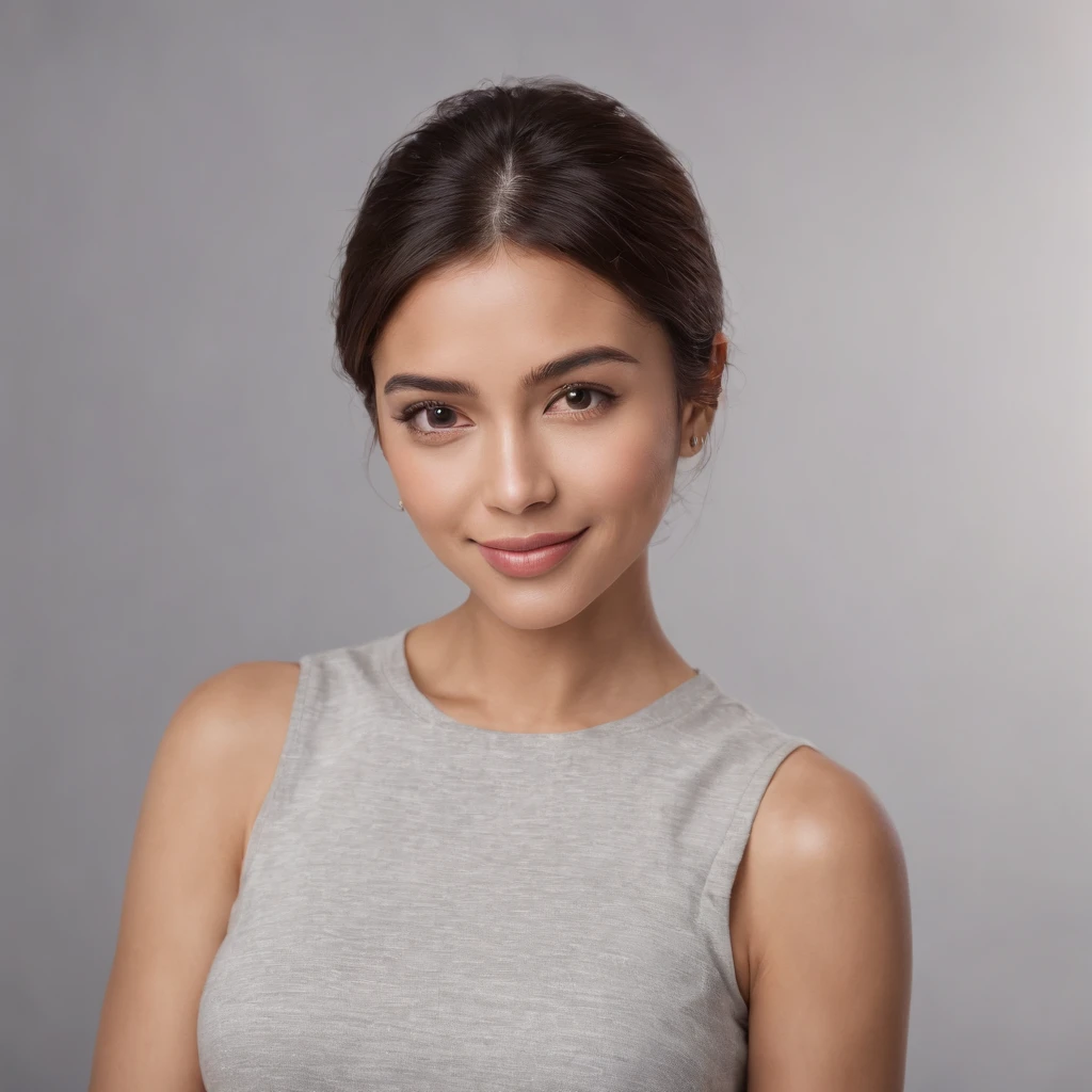 (Photo: 1.3) af (realism: 1.3), (Hispanic), Latina woman profile picture, (frontal close-up), soft light, clear face, happy, cheerful, warm light, white T-shirt, (off-white background), (blank background), ((gray wall background)) avatar, (short hair), smile, beautiful, young,, short hair, smile, (close-up)