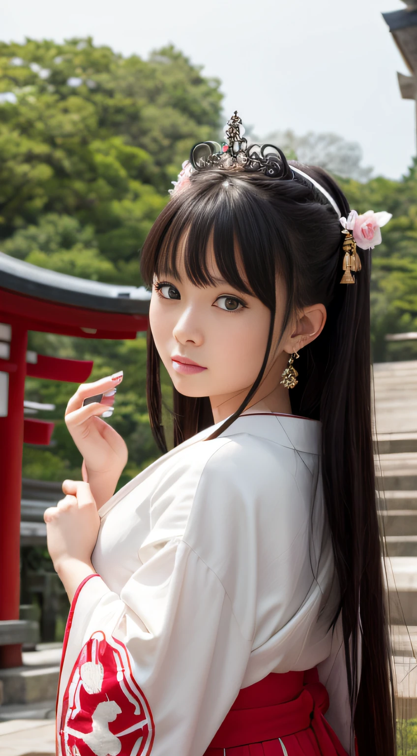 hightquality、masterpiece、ultra res、a beauty girl、cute girl face、temple、shrine maiden、Wearing priestess clothes、full bodyesbian、Famous actresses of Japan、very beautiful face