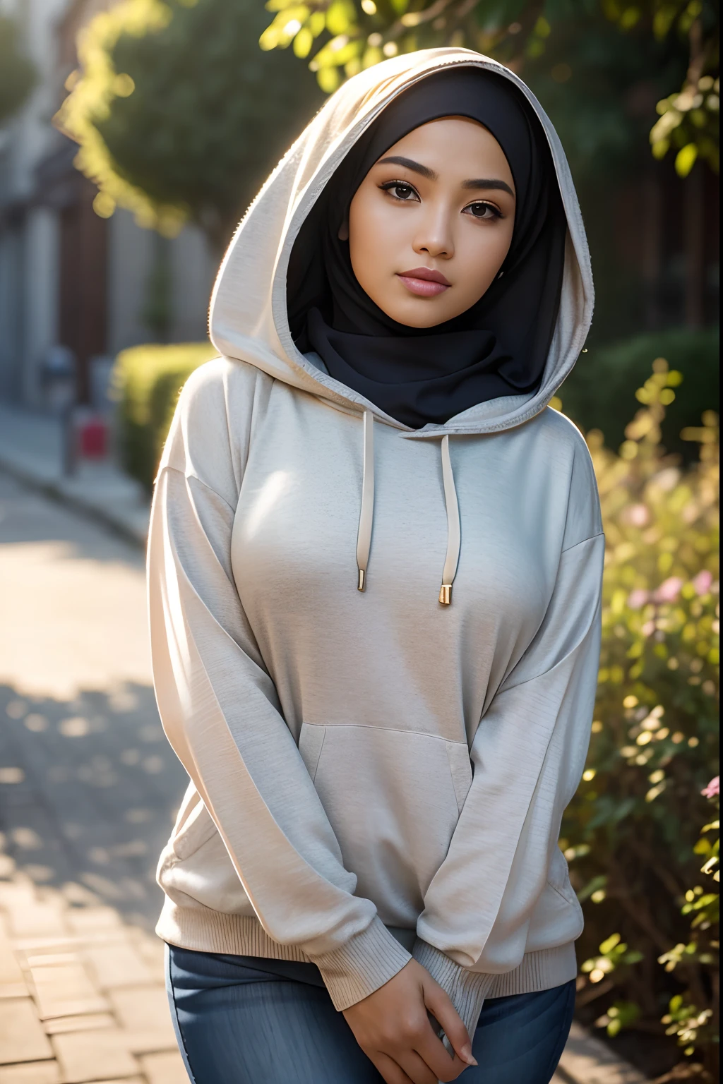 (Best quality, high resolution, masterpiece: 1.3), a beautiful malay woman in hijab, big breasts, slim figure, Best quality, high resolution, masterpiece: 1.3), beautiful Malay woman in hijab, big breasts, wearing a hooded sweater, ((hooded sweater:1.2)), (8k, RAW photo, photorealistic:1.25) ,( lipgloss, eyelashes, face sparkling, shiny skin, best quality, ultra high resolution, depth of field, chromatic aberration, caustic, broad lighting, natural shadows) looks at the viewer with serene goddess-like bliss, (highly detailed skin: 1.2), BREAK on a city street , (bokeh)