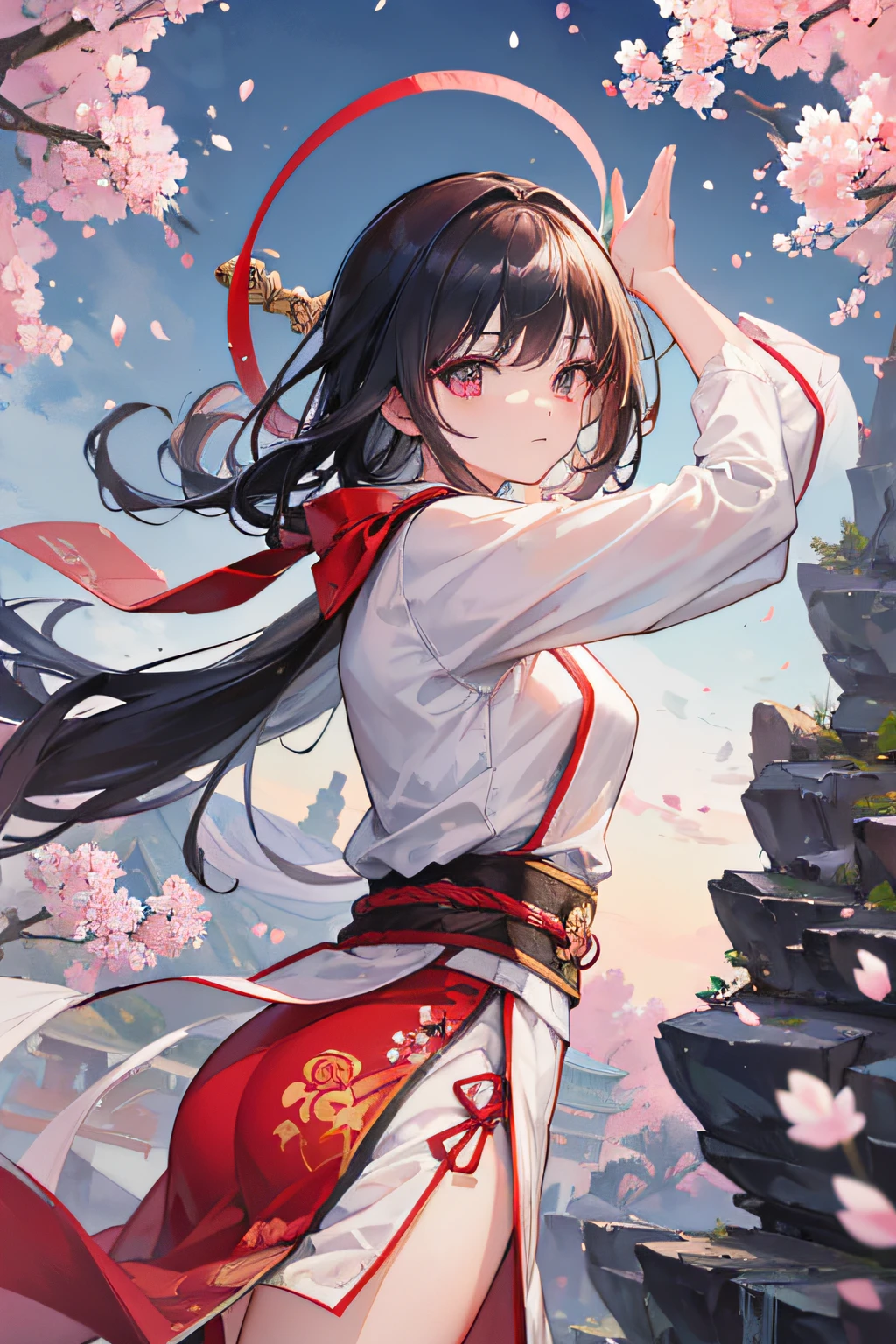 A girl living in ancient China, practicing martial arts with a sword and wearing a traditional hanfu. (best quality, highres, ultra-detailed), realistic, old-fashioned Chinese style, vibrant colors, soft lighting, detailed facial features, flowing hair, confident and focused expression, dynamic pose, intricate sword movements, traditional garden setting, cherry blossom trees, stone pathways, elegant architecture, peaceful atmosphere, subtle wind blowing through the garden, background is a traditional martial dojo Chinese