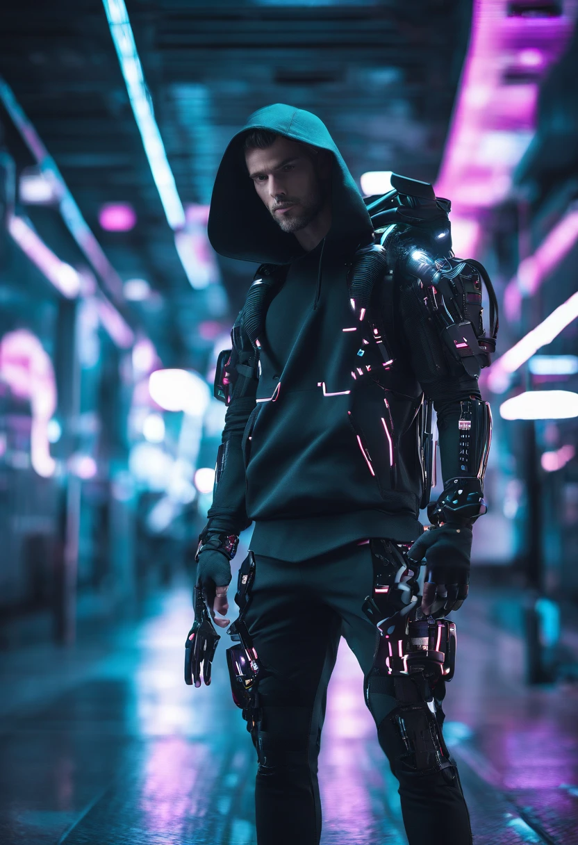 (best quality,highres,ultra-detailed,realistic:1.2), male with robotic arms wearing sleeveless hoodie, brown-eyed, brown ponytail, crackling energy, light beard, futuristic concept, vivid colors, glowing neon lights, impressive physique, powerful stance, cyberpunk style, metal texture, industrial setting, cityscape background