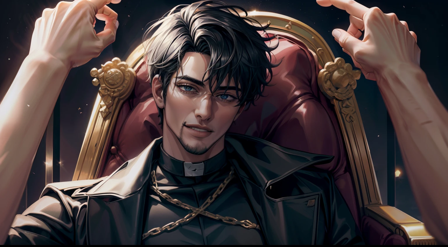 Obra maestra, La mejor calidad, Cara extremadamente detallada, realista, 1hombre, Yoo Joonghyuk, macho maduro, guapo, 25-years old, boca cerrada, retrato, Cara extremadamente detallada, cold and smile, ((ojos grises claros)), ((Cabello corto negro)), [cejas gruesas], Palacio Oscuro, ((Capa negra larga)), ((todo negro)), (ojos grises claros, cielo nocturno, Sentado en el trono.