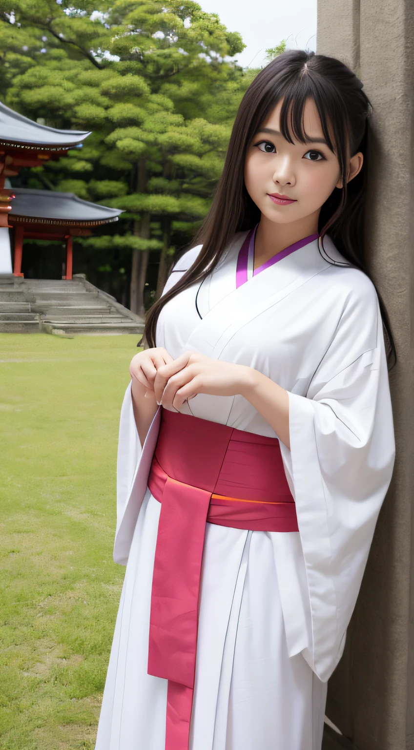 hightquality、​masterpiece、ultra res、a beauty girl、cute girl face、temple、shrine maiden、Wearing priestess clothes、full bodyesbian、Famous actresses of Japan、very beautiful face
