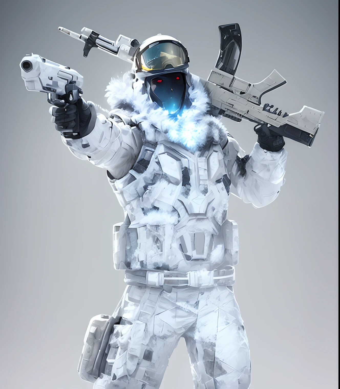 a close up of a person holding a gun and wearing a helmet, matt white ice color armor, matt white color armor, concept art like ernest khalimov, character art the contra, white american soldier, expert high detail concept art, apex legends character, kane from command & conquer, official character art, in style of apex legends, modern clean white armor, winter resort, snow backdrop