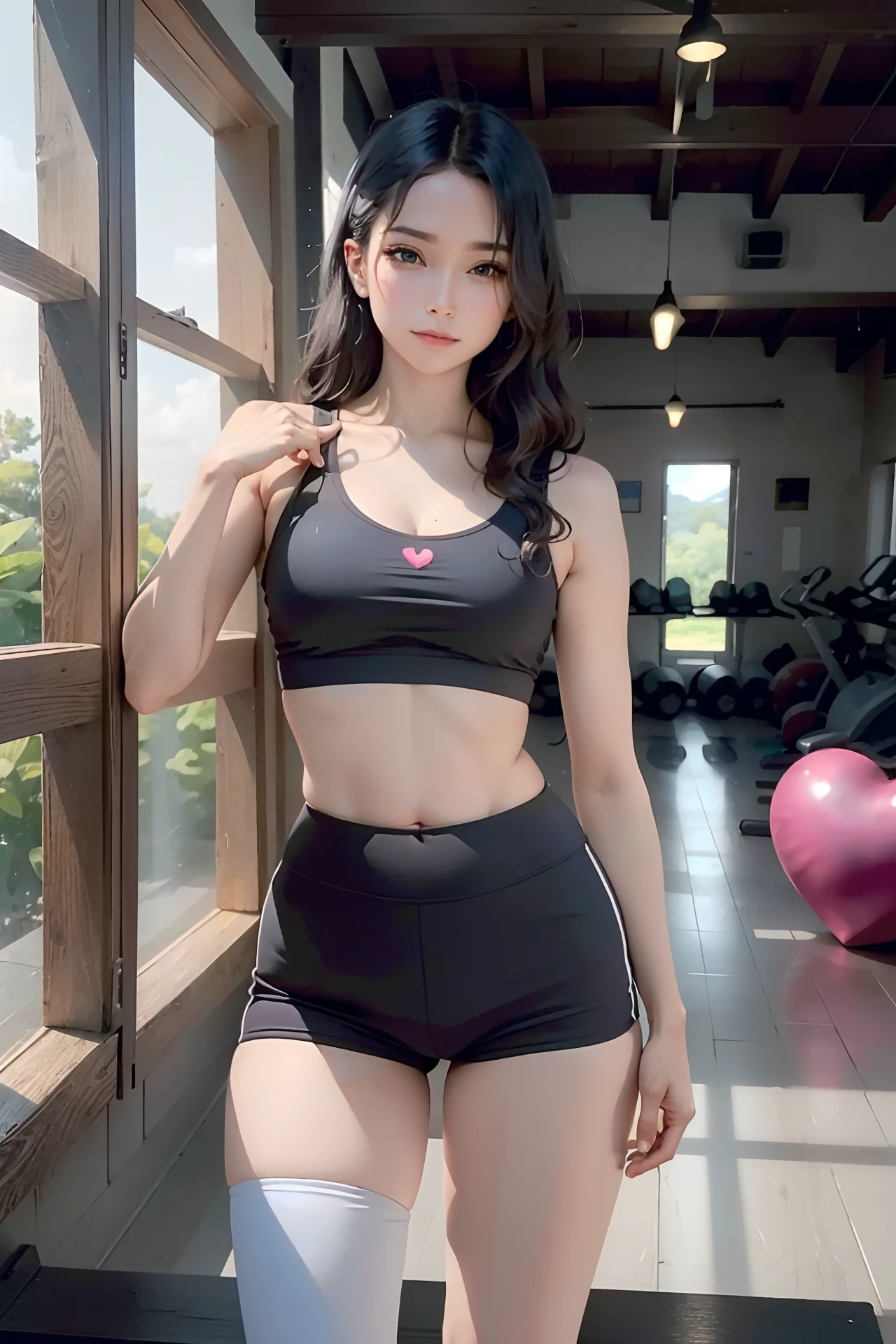 ultrarrealista 8k CG,parte principal,best quality,((rosto muito detalhado)),(fotorrealista: 1.4),Absurdo,Foto RAW,sunlight,((filmic grain)),1 girl, 21 anos, longos cabelos loiros, Body set wearing gym bra and short mini gym leggings,Pose de treino,((Olhando para o Viewer)),pele brilhante,seios grandes,((Heart)),(peito para fora), ((NSFW)), luzes detalhadas, (Ultra high resolution, fotorrealista, Realistic, best quality, fotorrealista), loiro cabelo longo Pureerosface_v1, franja,