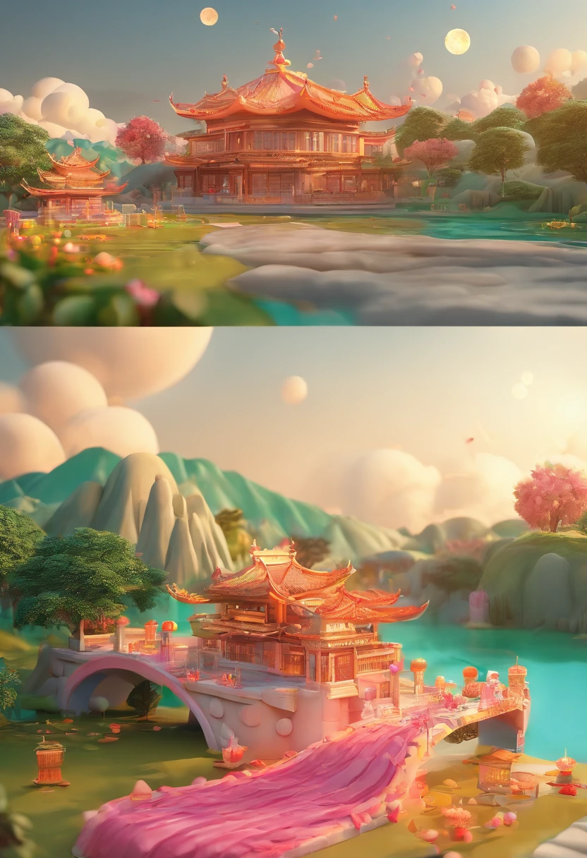 4 Mooncakes form the stage for creativity，Scene of a river flowing，Bright moon，Mooncakes hang in the sky like a round moon，An auspicious place for the Mid-Autumn Festival，Mid-Autumn Festival，outstanding，Reunion，best qualtiy，3D modeling rendering，C4D style，wide wide shot，8K，