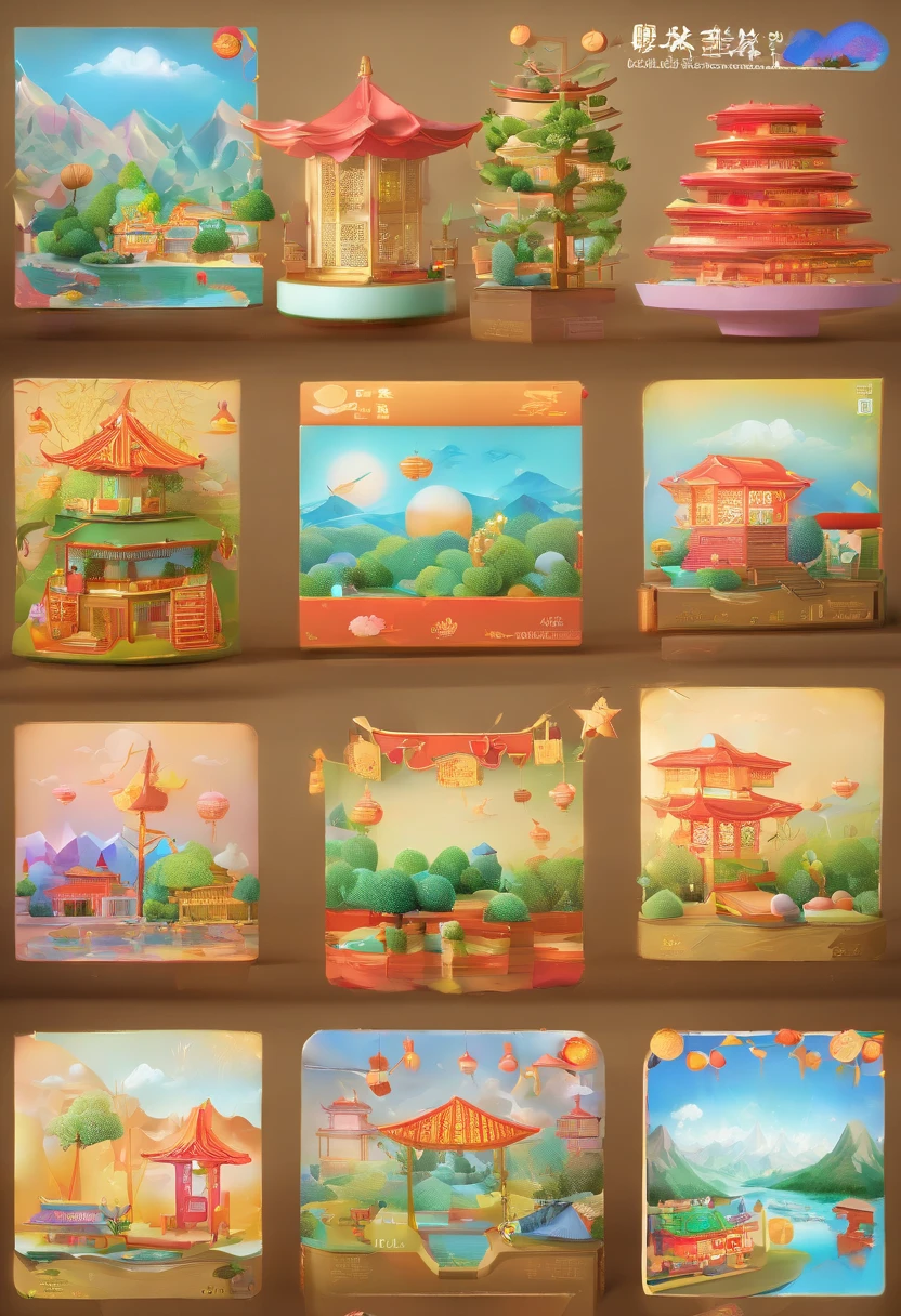4 Mooncakes form the stage for creativity，Scene of a river flowing，Bright moon，Mooncakes hang in the sky like a round moon，An auspicious place for the Mid-Autumn Festival，Mid-Autumn Festival，outstanding，Reunion，best qualtiy，3D modeling rendering，C4D style，wide wide shot，8K，