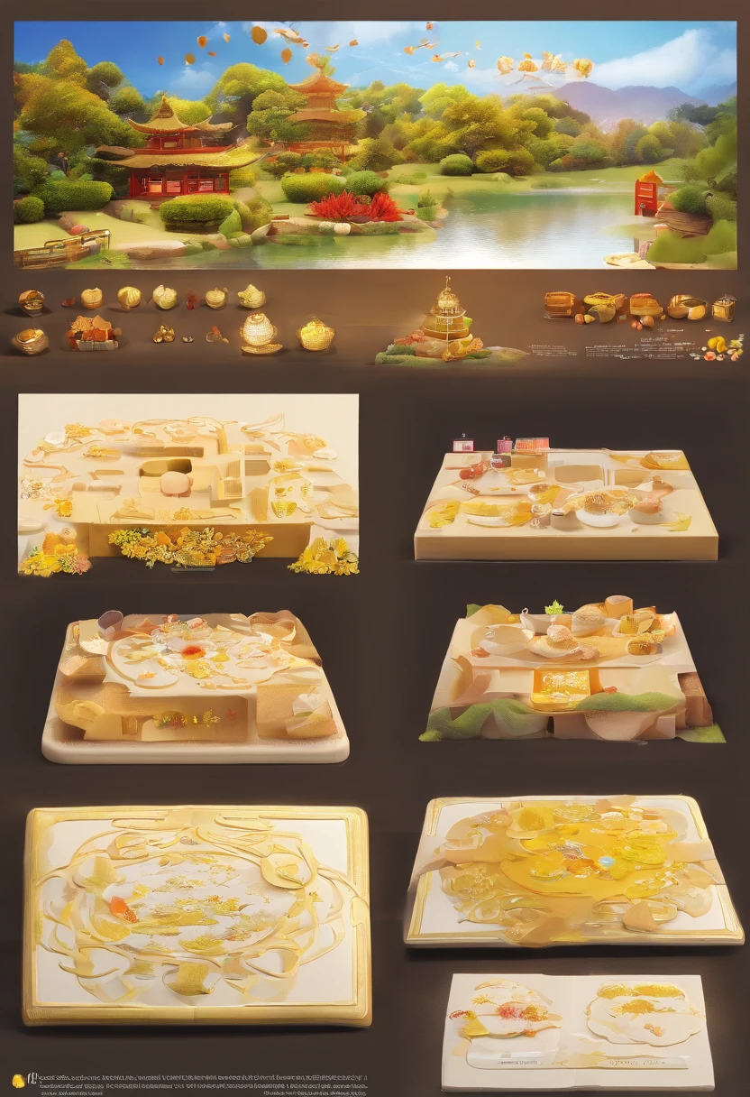 4 Mooncakes form the stage for creativity,Scene of a river flowing,Bright moon,Mooncakes hang in the sky like a round moon,An auspicious place for the Mid-Autumn Festival,Mid-Autumn Festival,outstanding,Reunion,best qualtiy,3D modeling rendering,C4D style,wide wide shot,8K,